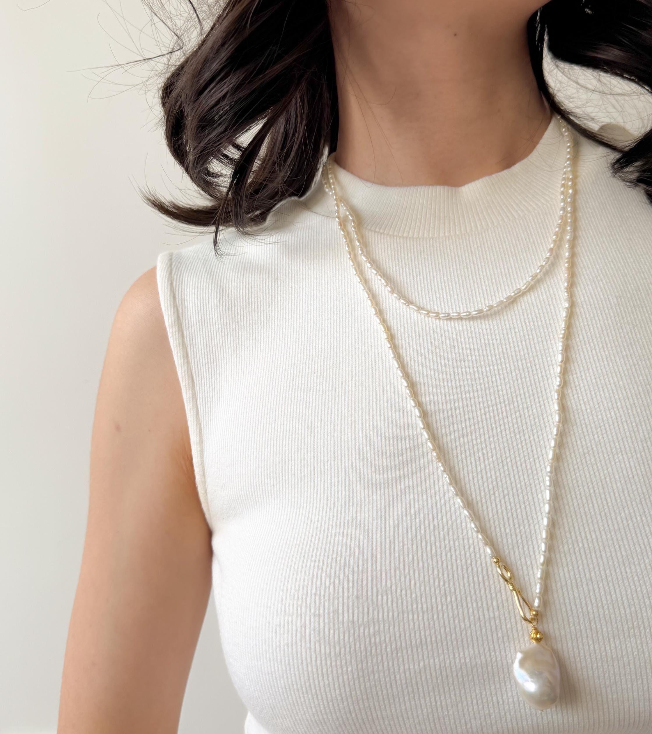 Long Freshwater Pearl Necklace, Baroque Pendant, Gold Clasp Detail