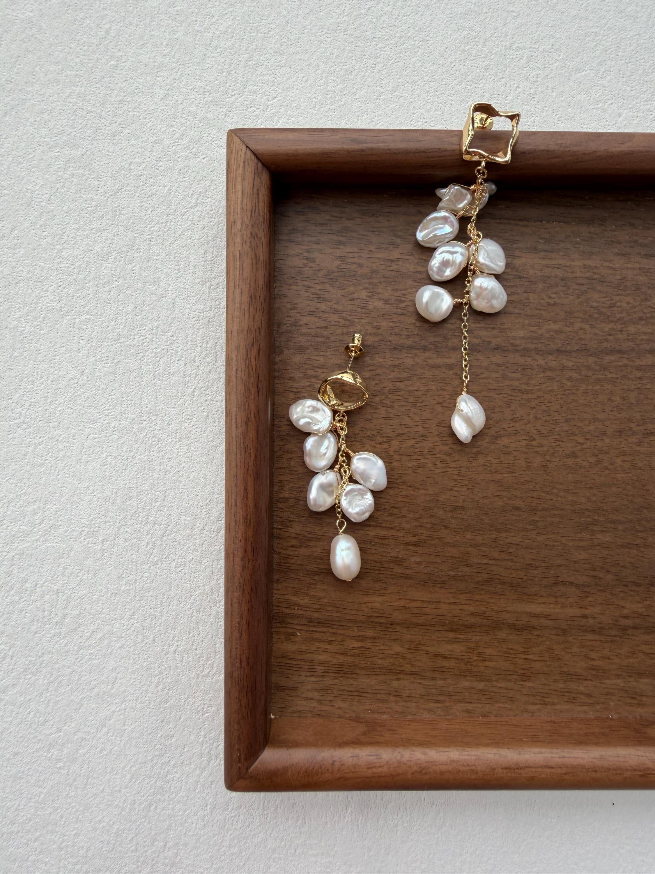 Asymmetrical Baroque Keshi Pearl Tassel Earrings, Gold Drop, Romantic Summer