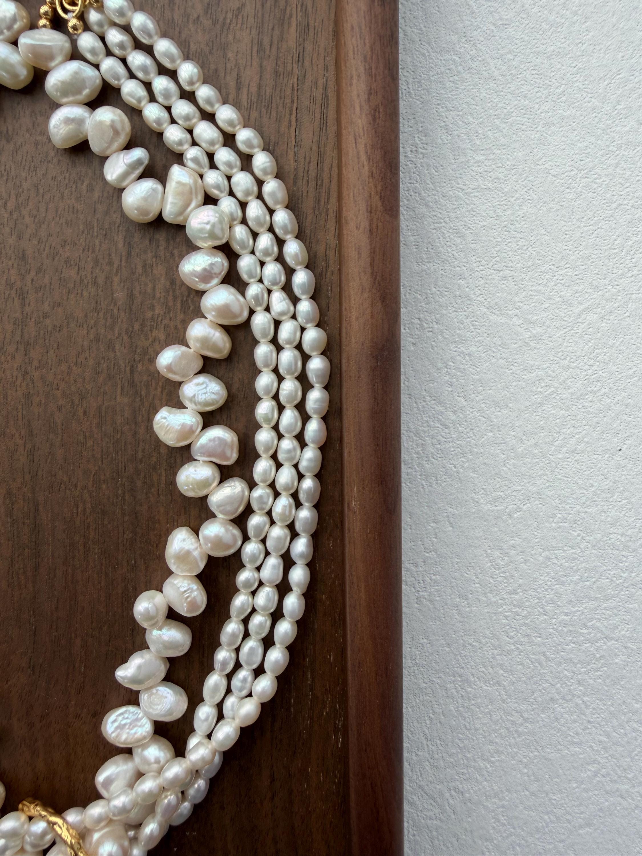 Baroque Pearl Necklace Layered Twist French Vintage 18K Gold plated Ring Statement Elegant