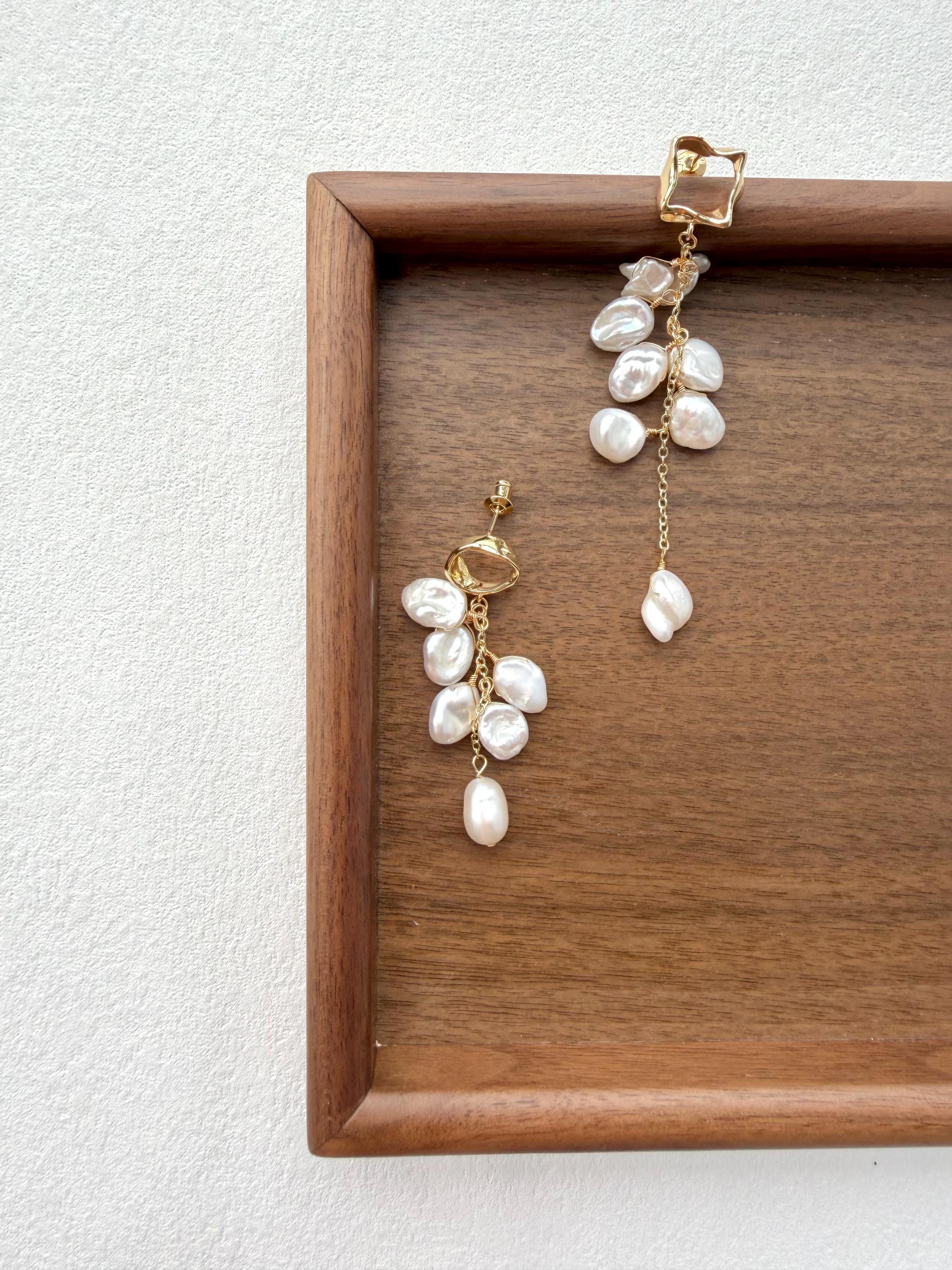 Asymmetrical Baroque Keshi Pearl Tassel Earrings, Gold Drop, Romantic Summer