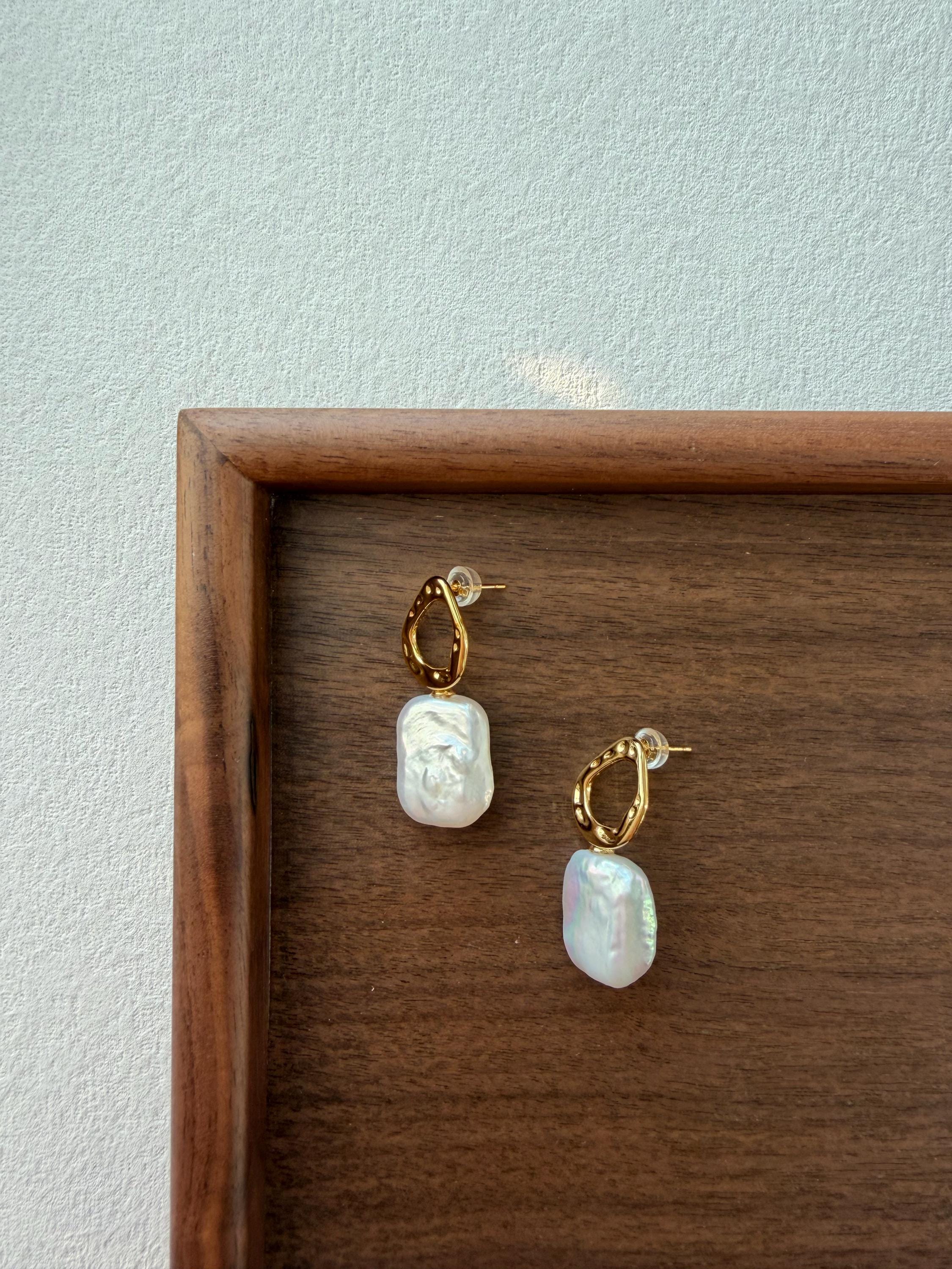 Baroque Pearl Drop Earrings: Modern 18k Gold Plated Sculptural Keshi Pearl Jewelry