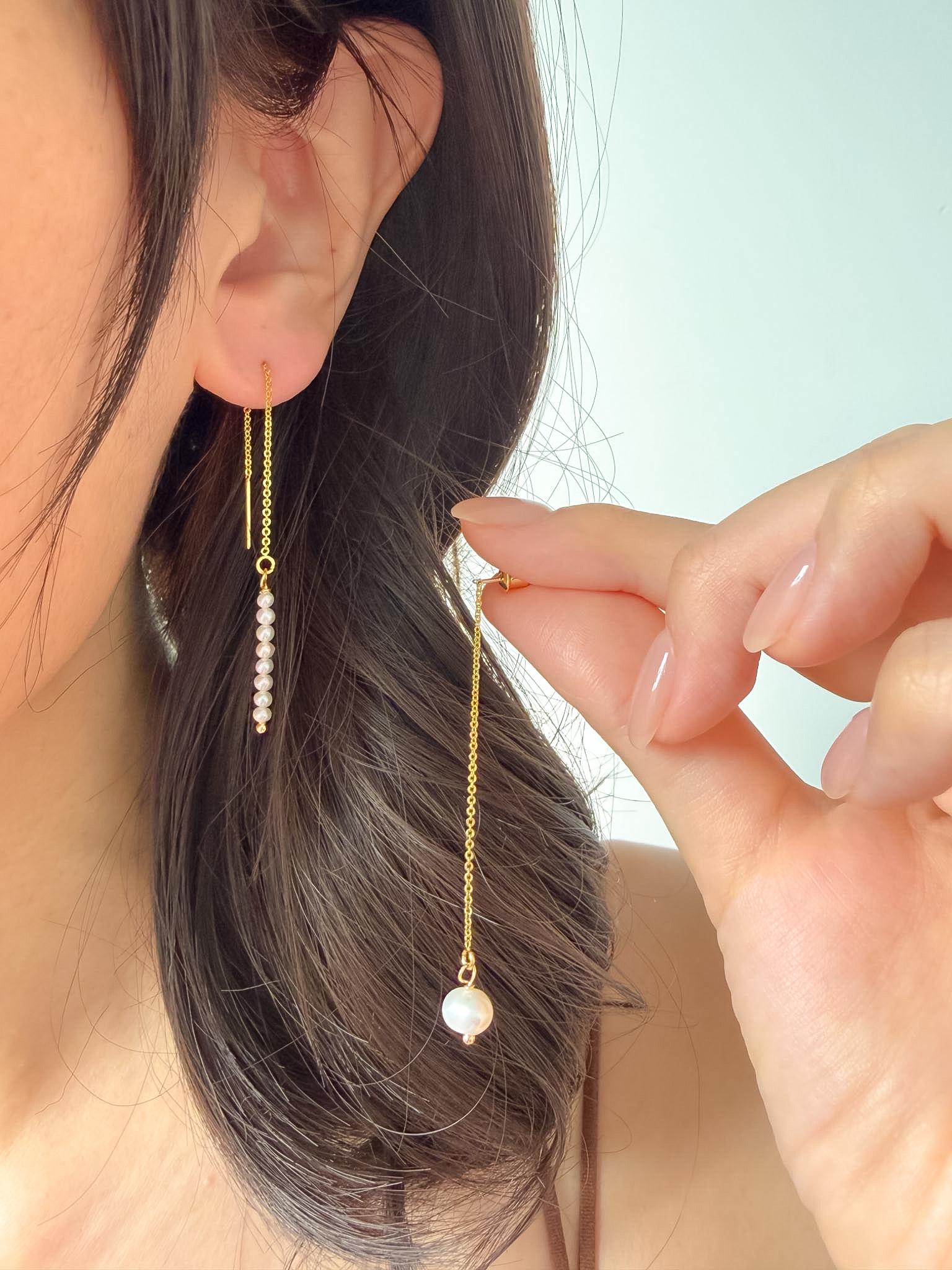 Asymmetrical Freshwater Pearl Threader Earrings – Dainty Gold Chain Drop Minimalist Jewelry