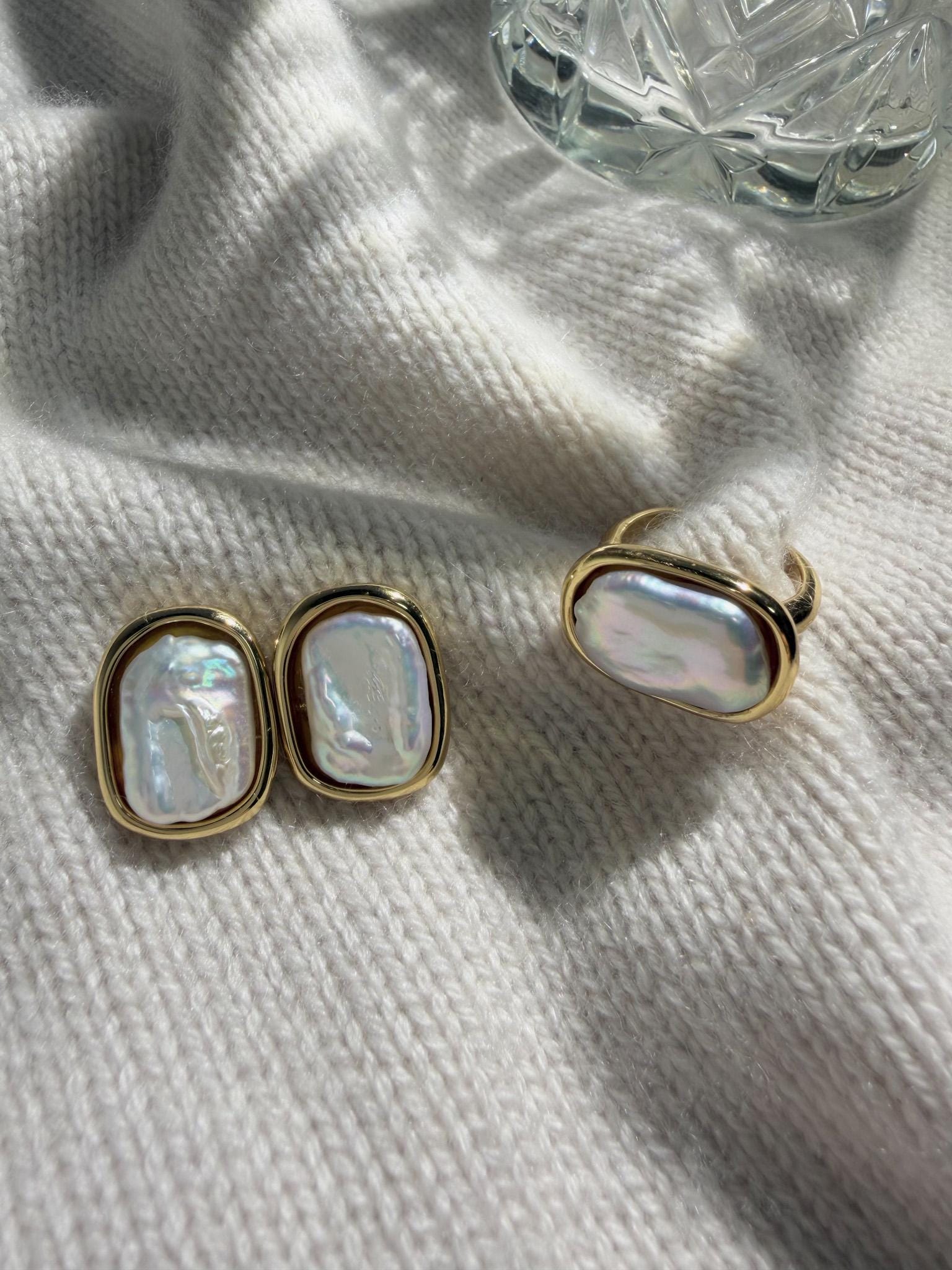 18k Gold Plated Keshi Pearl Stud Earrings: Modern Statement, Rectangular Freshwater Pearls