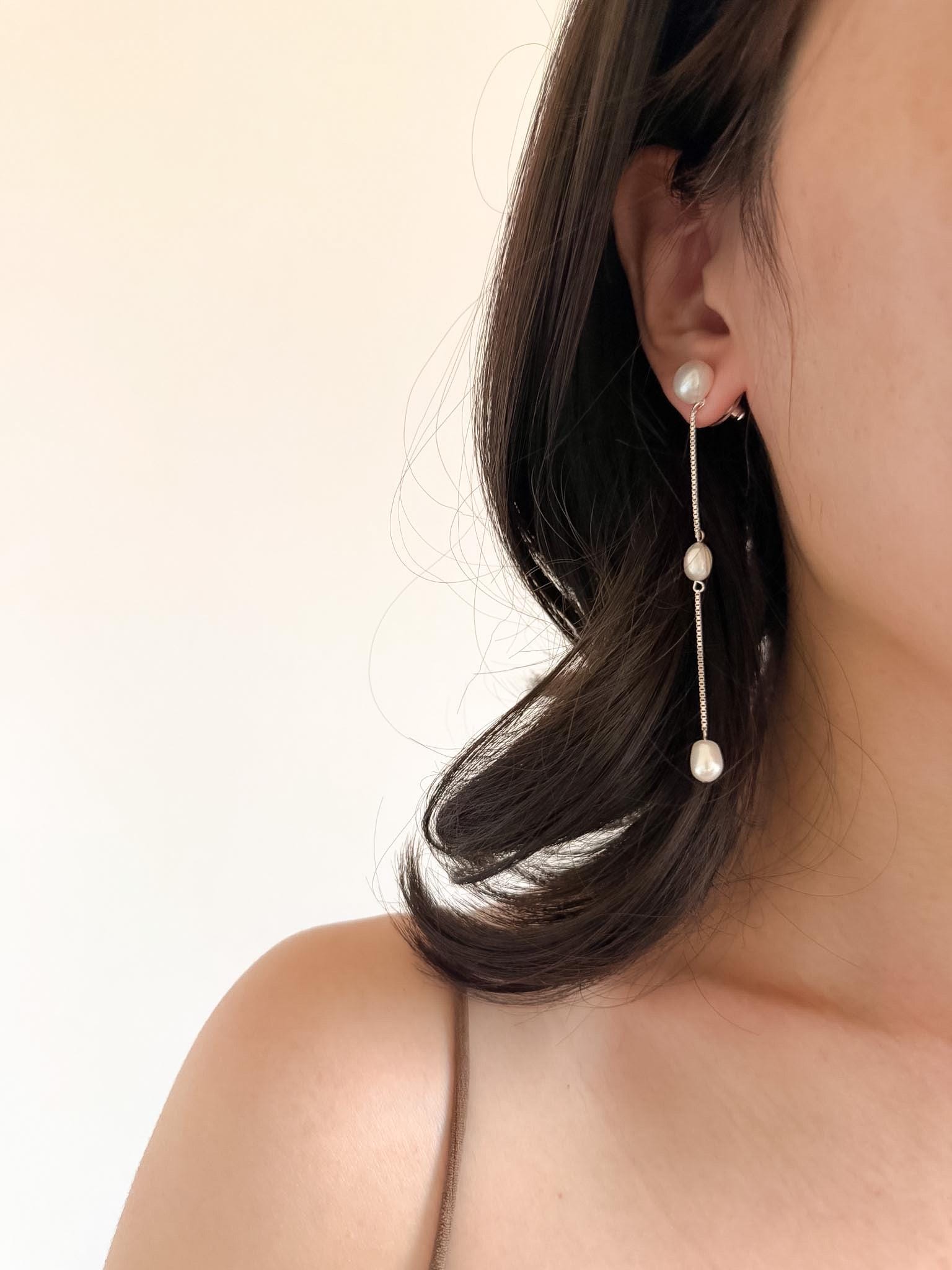 French Minimalist Pearl Drop Earrings Long Chain