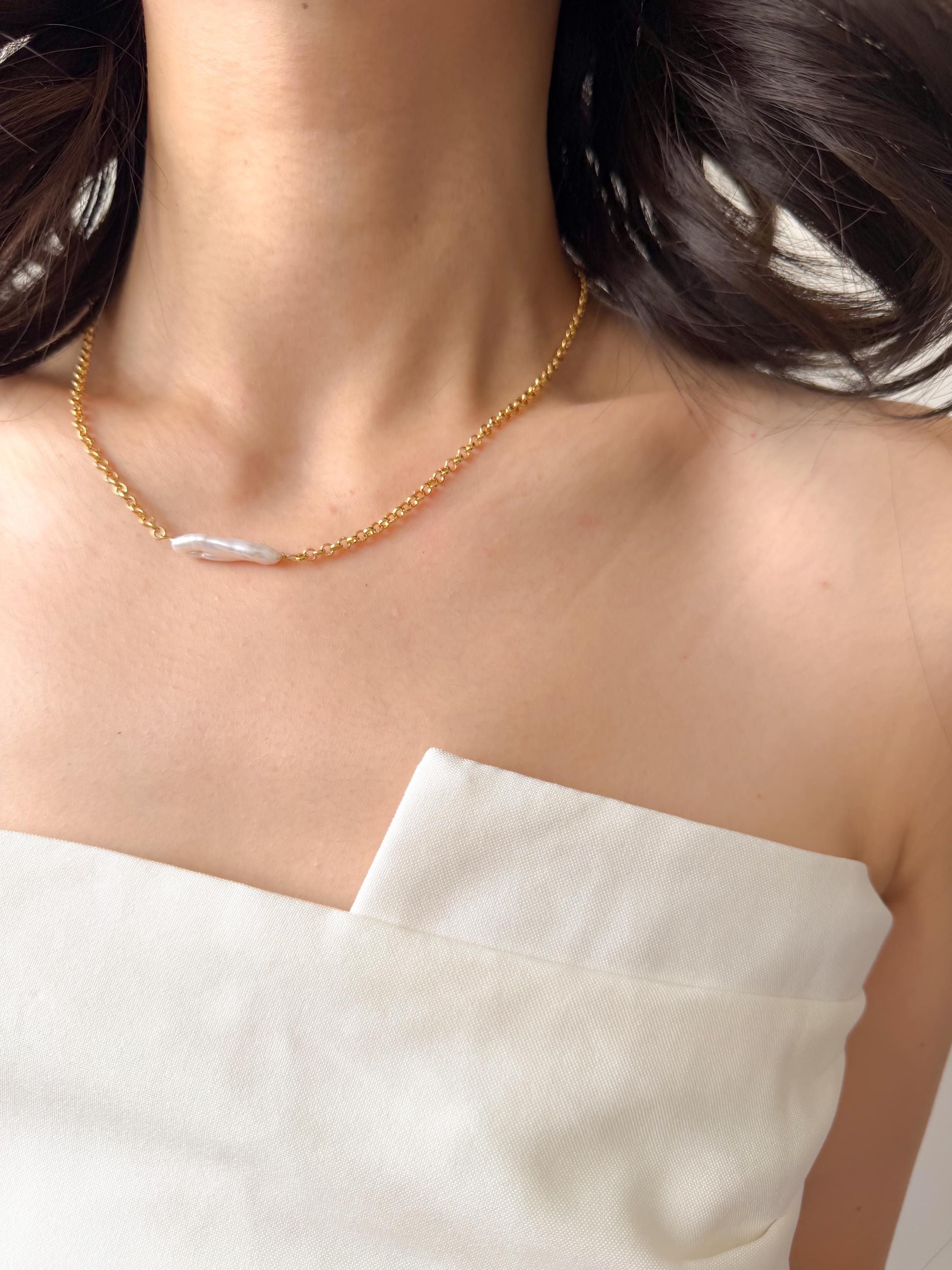 Baroque Keshi Pearl Necklace, 18k Gold Plated Chain, Minimalist