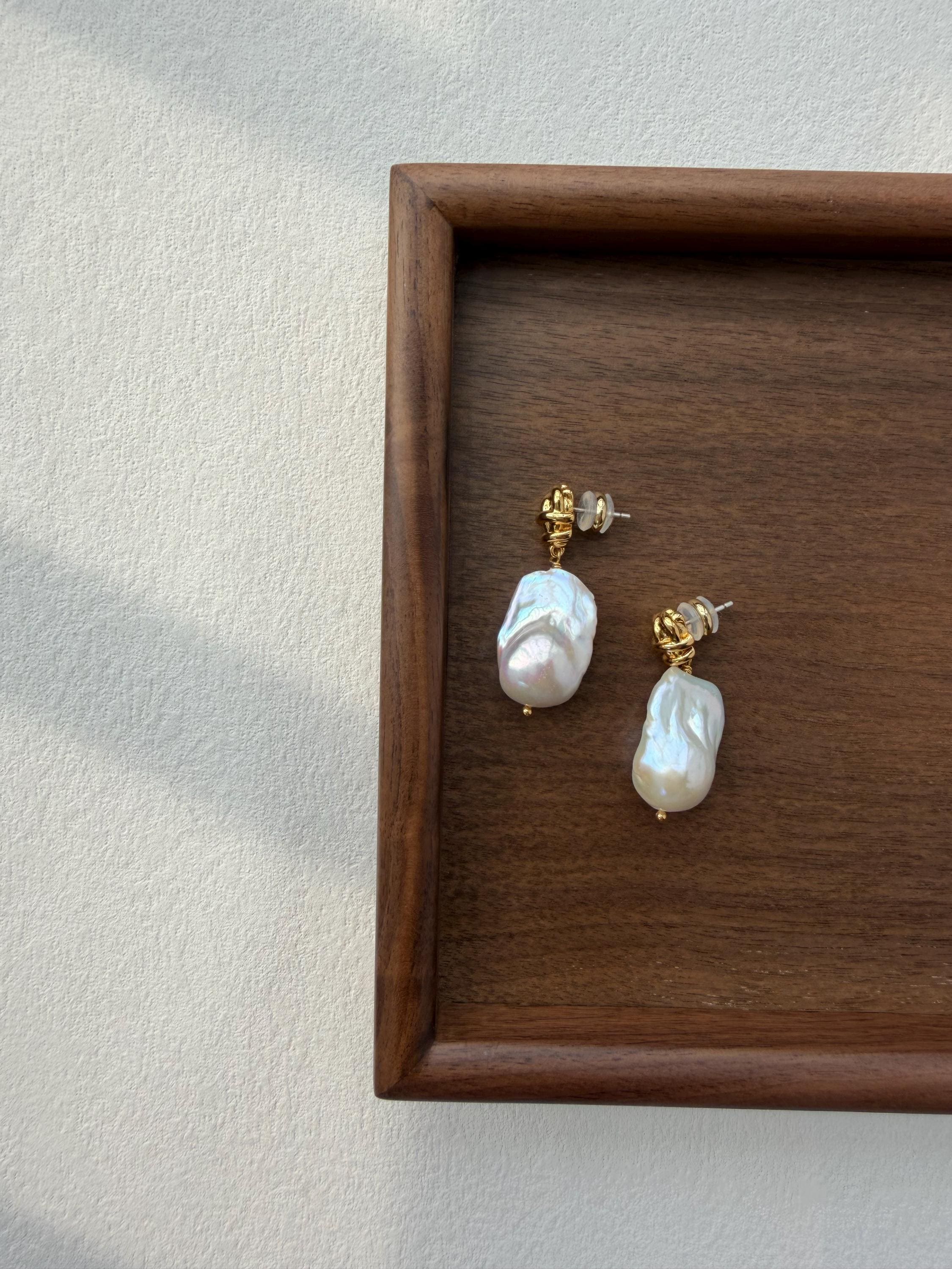 Large Baroque Pearl Drop Earrings, 18K Gold Plated Sculptural Accents, Vintage Style