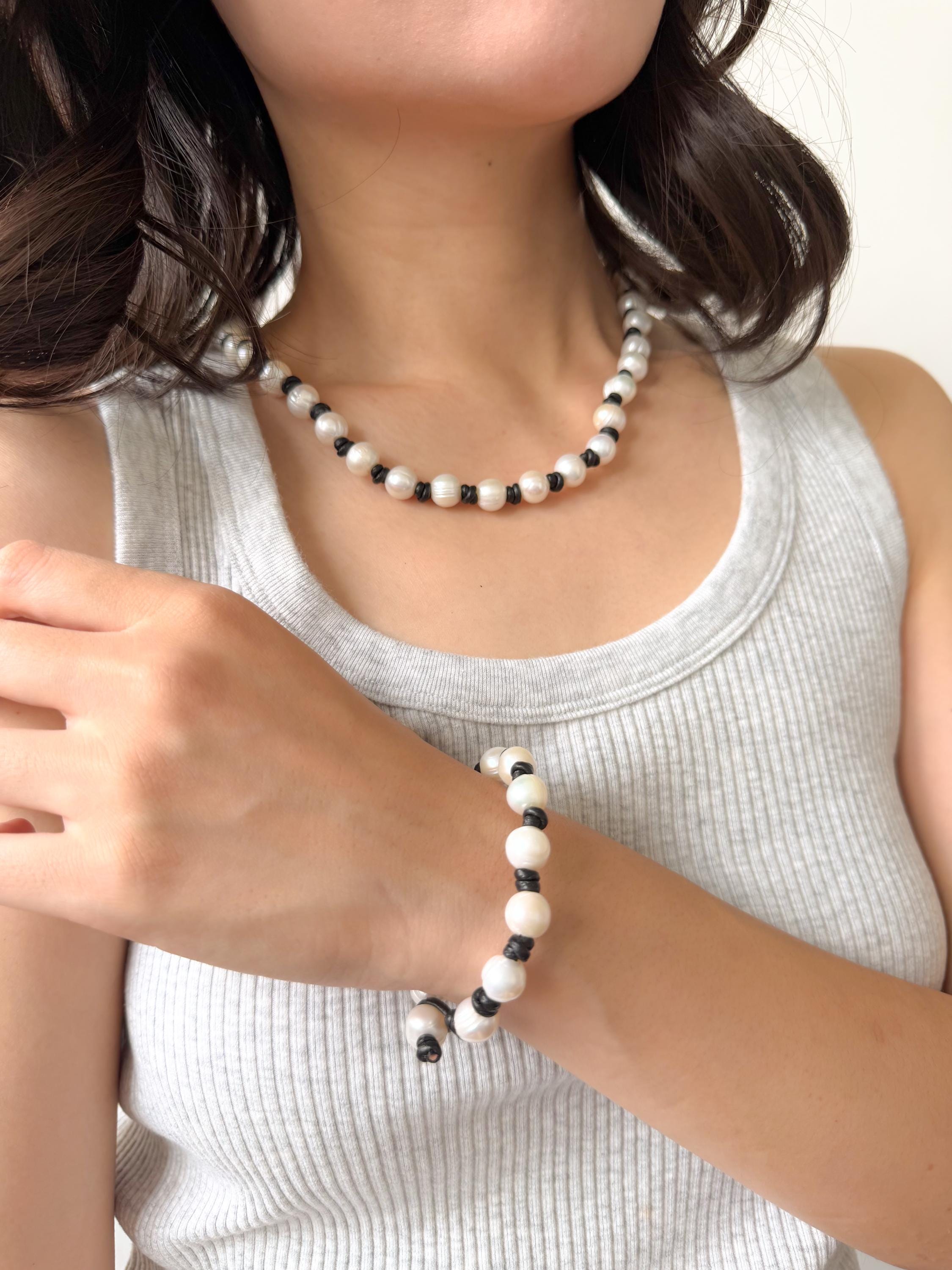 Freshwater Pearl Necklace Black Accent Beaded Necklace Minimalist
