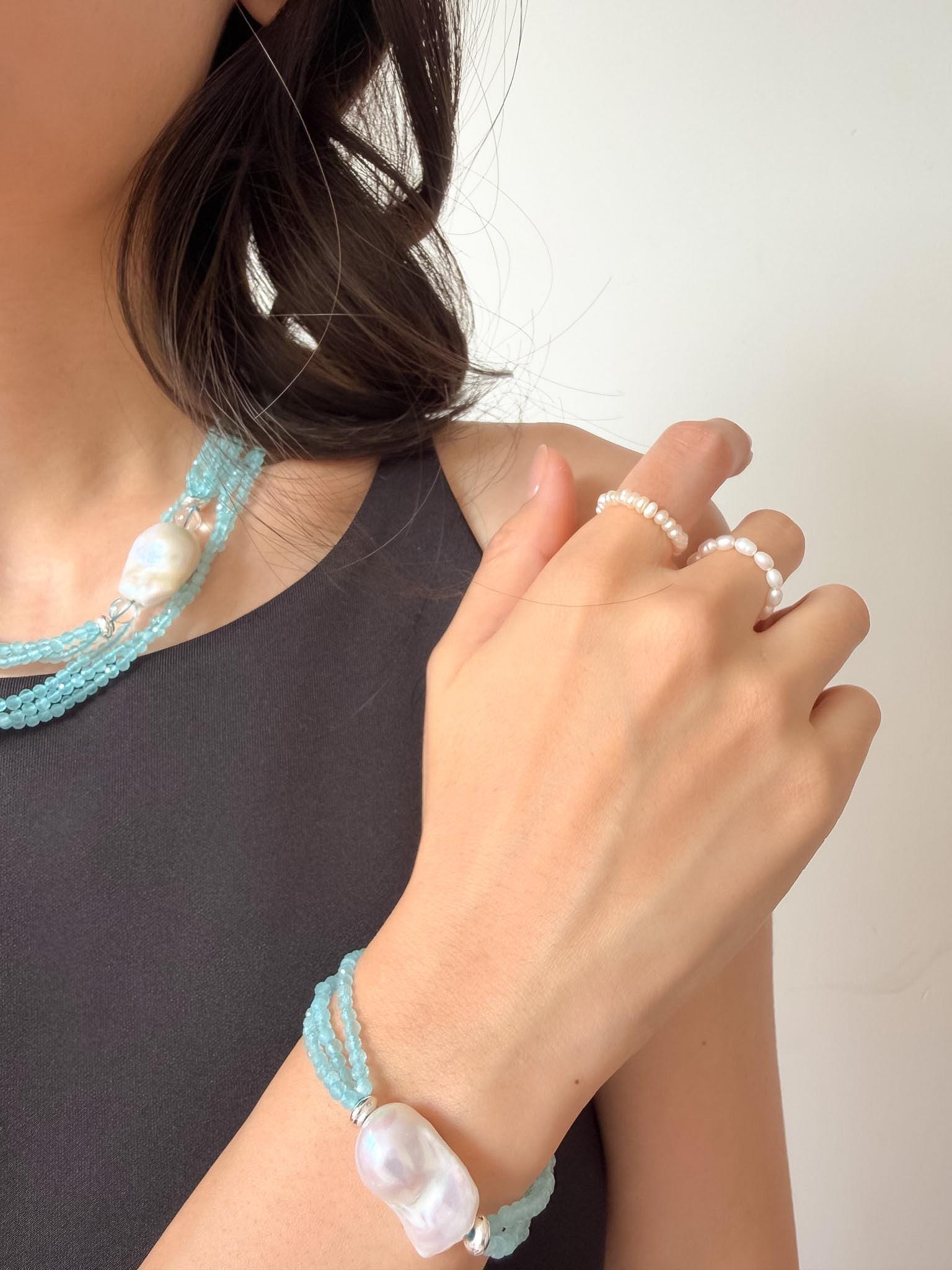 Layered Blue Cat Eye Necklace Baroque Pearl Quartz Summer Beach