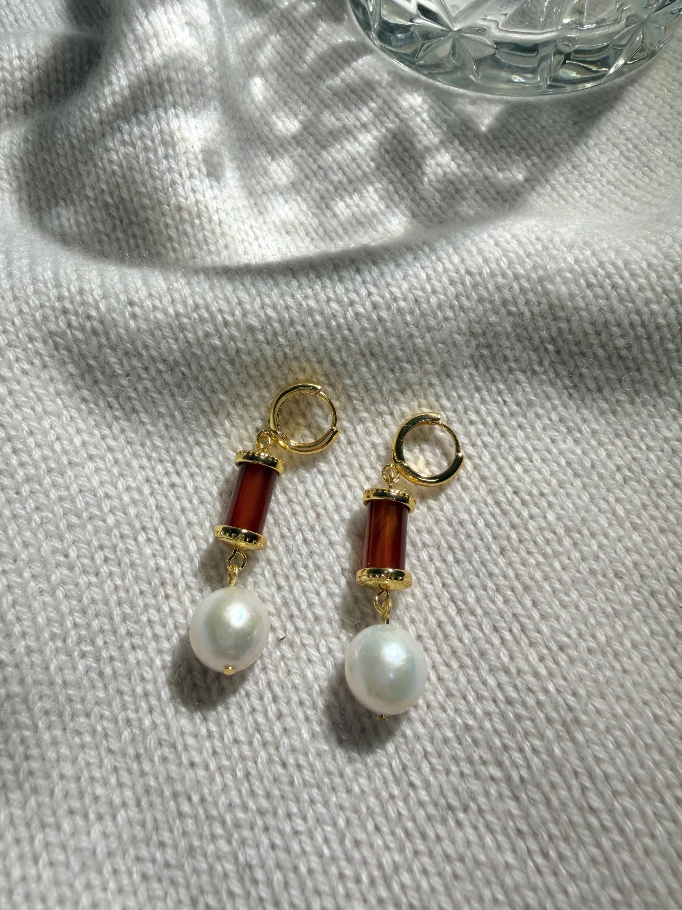 Red Enamel 18k Gold Plated Drop Earrings with Freshwater Pearl Drop – Vintage Style