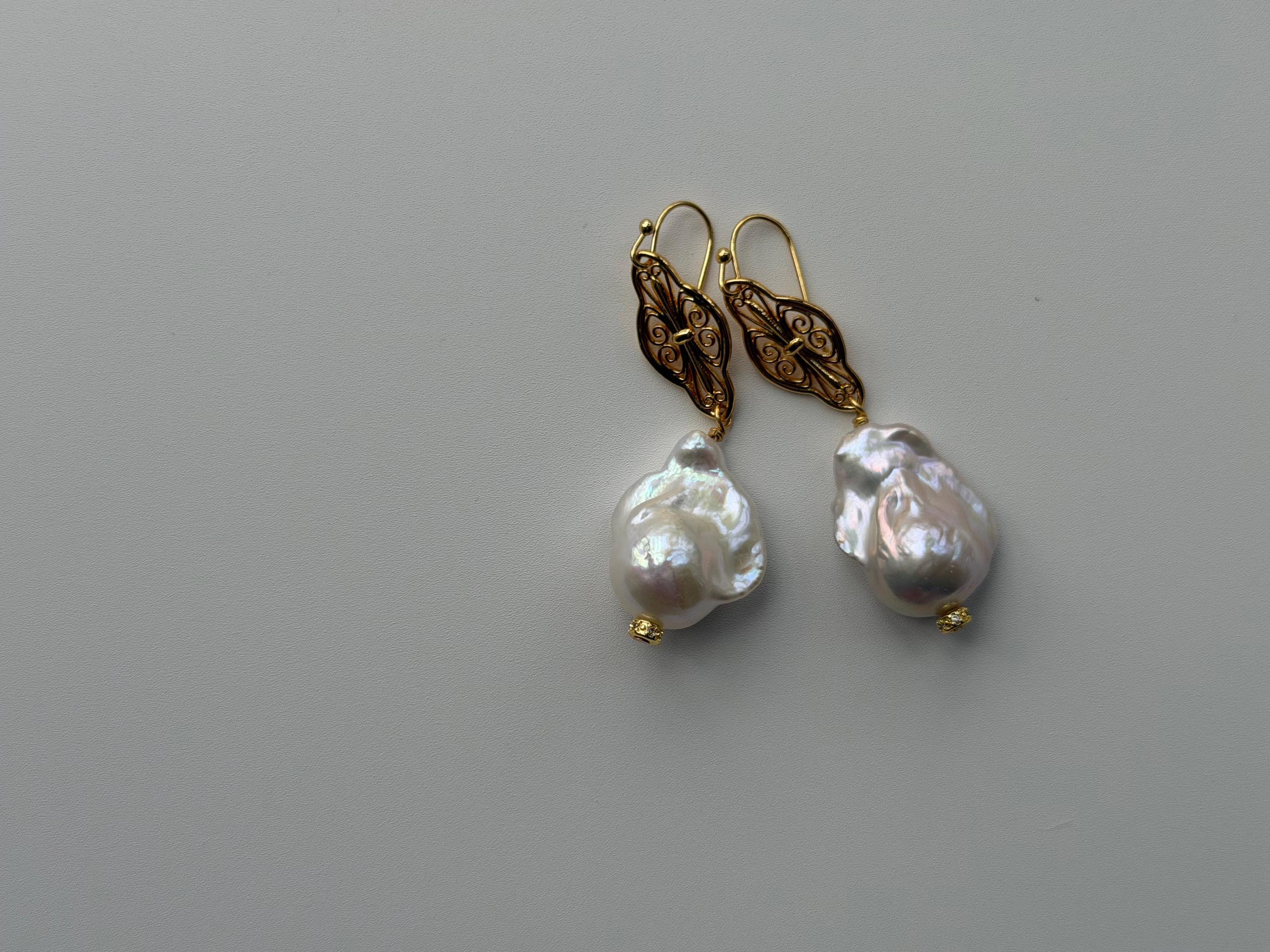 Baroque Pearl Drop Earrings 18K Gold Plated Vintage Filigree Organic Character