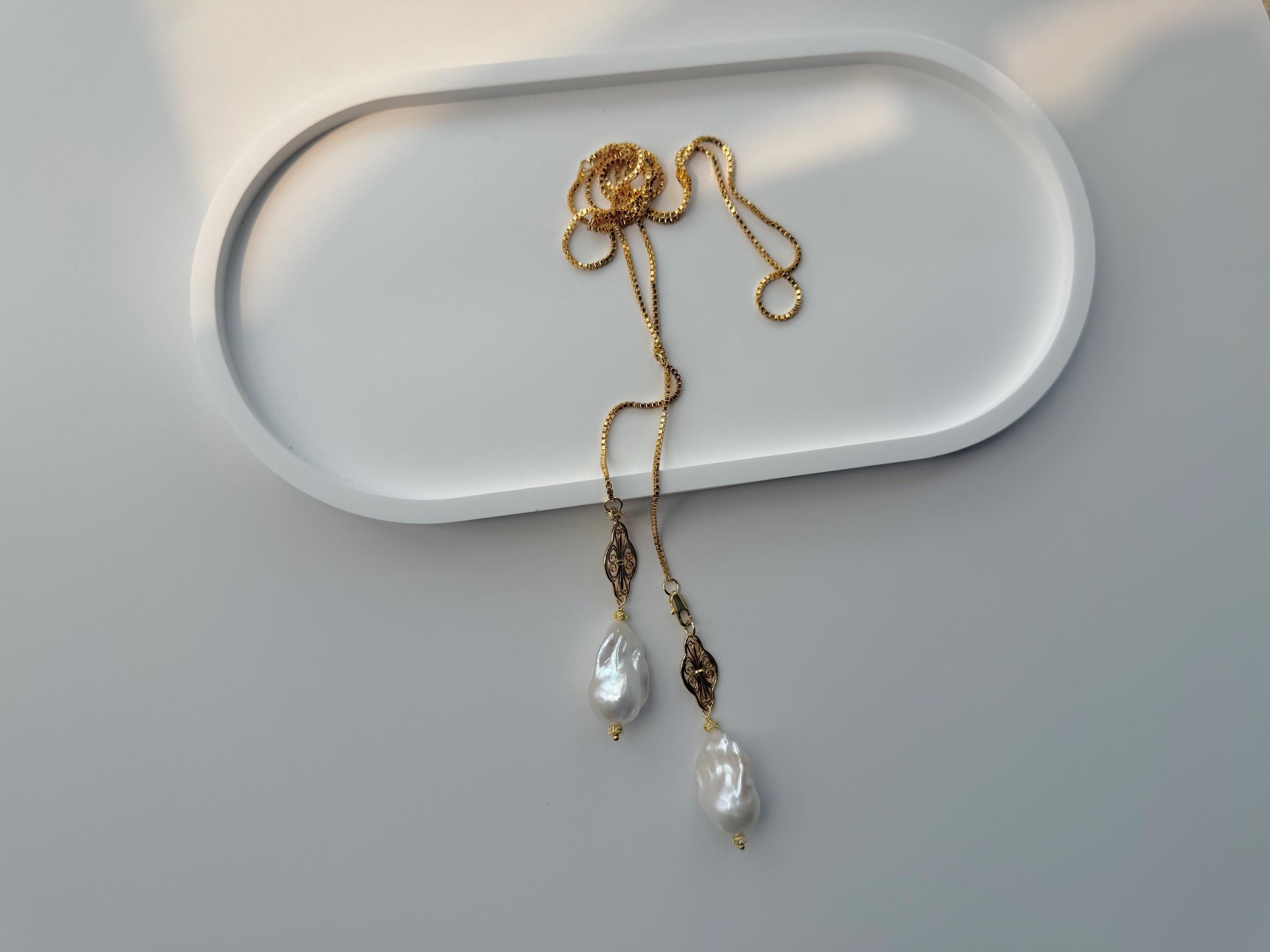 Baroque Pearl Lariat Necklace, 18K Gold Plated Adjustable Pendant Chain