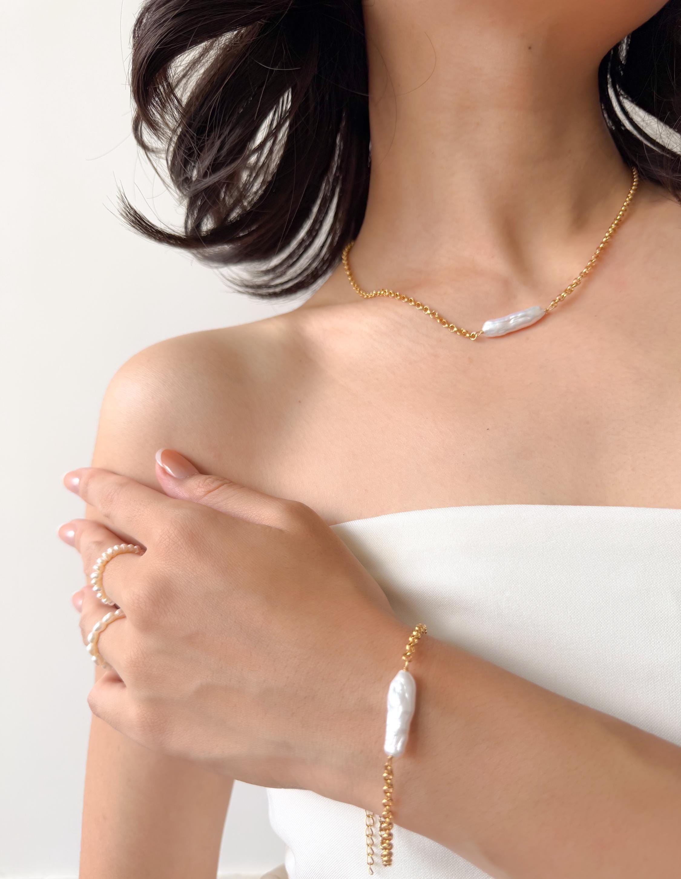 Baroque Keshi Pearl Bracelet, Gold Plated Chain, Minimalist