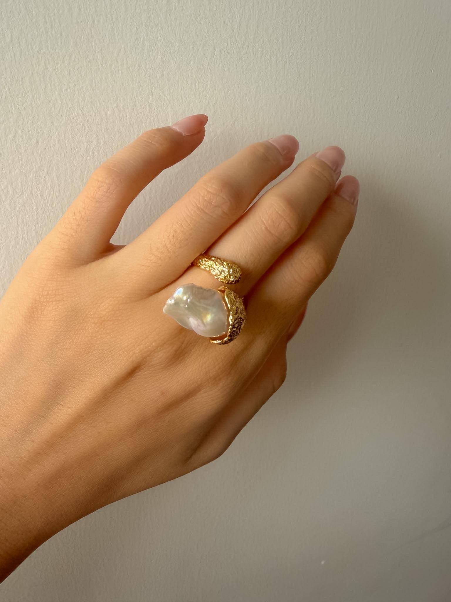 Sculptural Baroque Pearl Statement Ring, Textured 18k Gold Plated Band, Organic Freshwater Pearl