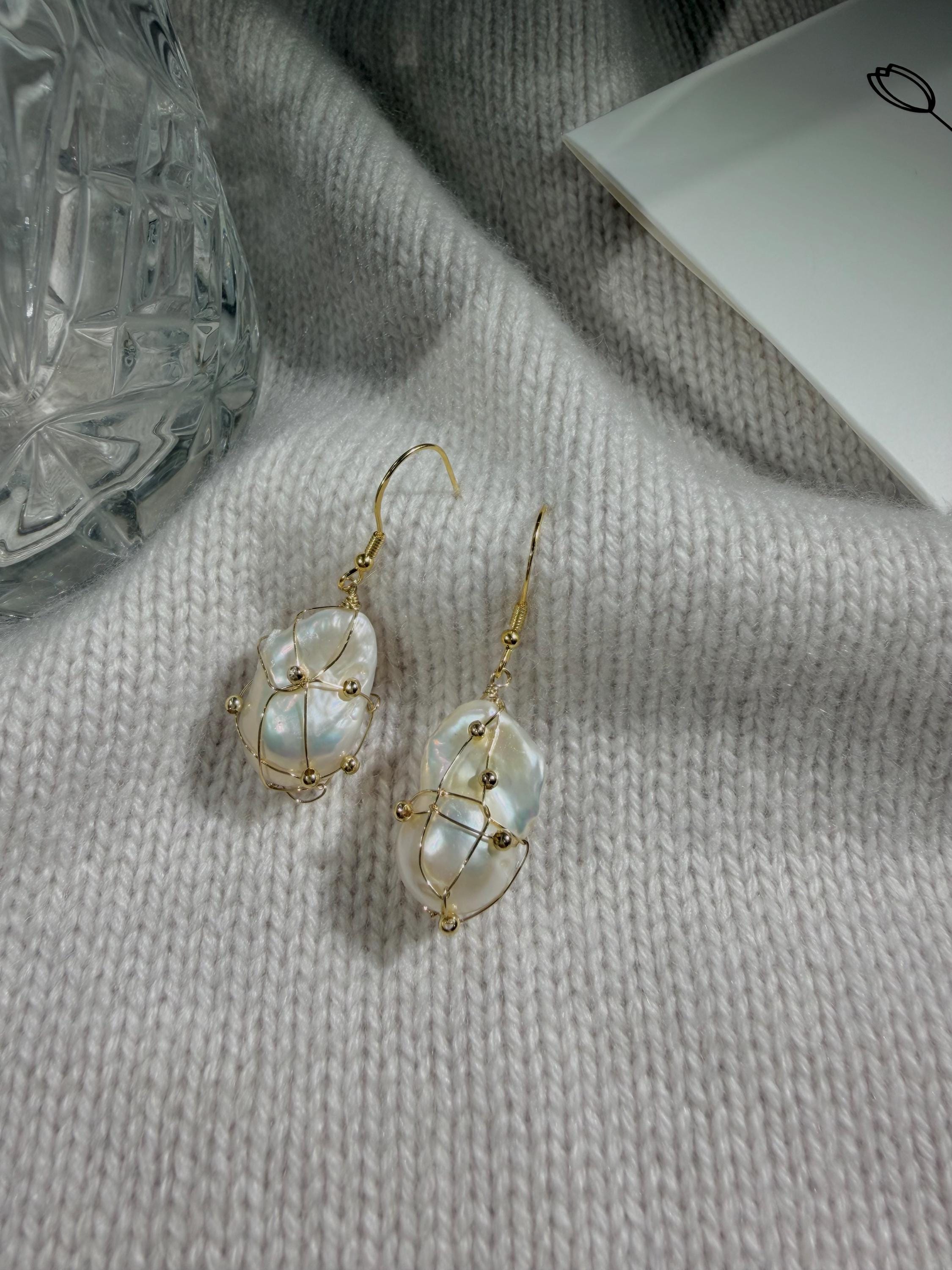 Wire Wrapped Baroque Pearl Drop Earrings, 18k Gold Plated