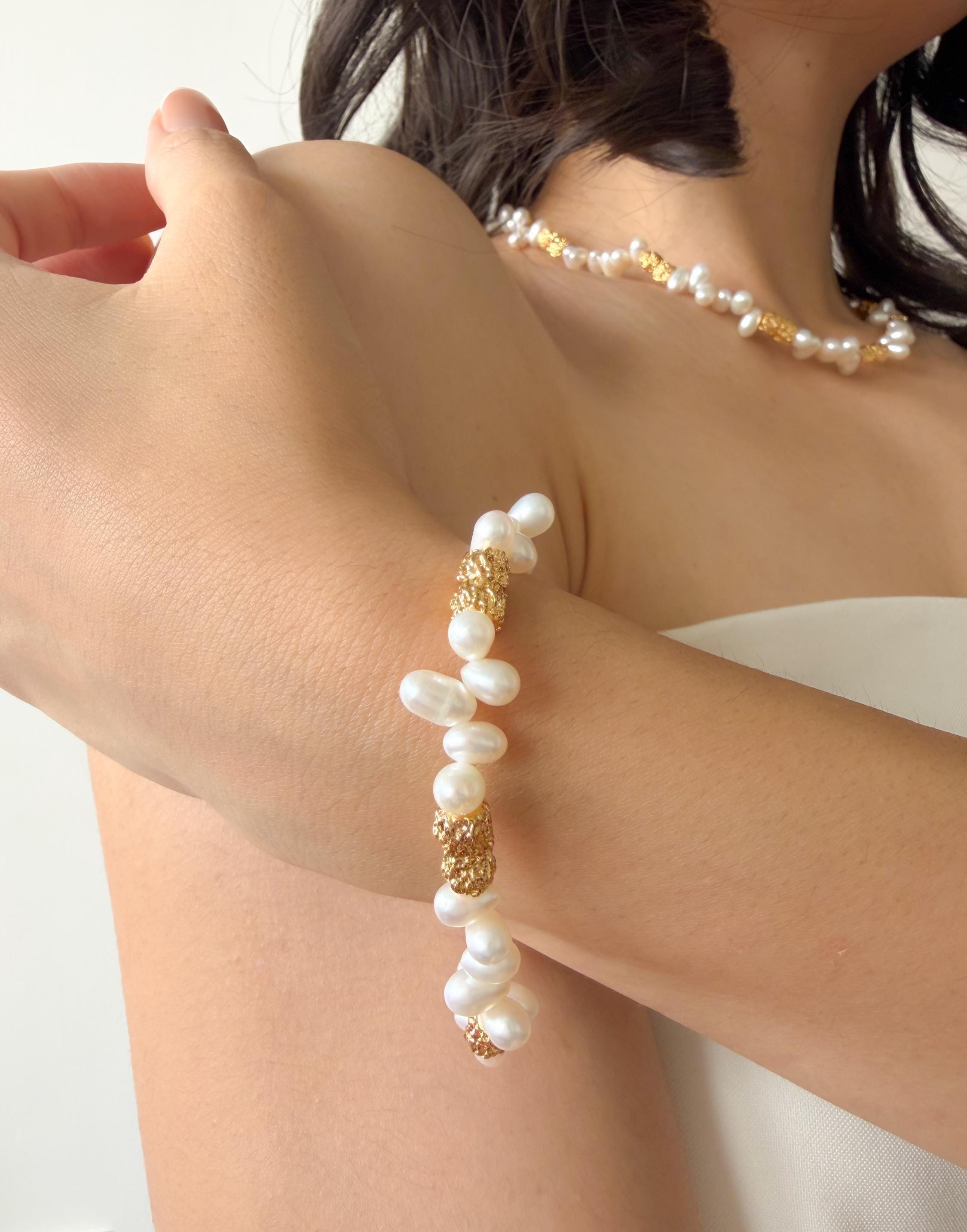 Aurora-Like Luster Pearl Bracelet Lava Inspired 18K Gold Plated Statement Modern Organic Elegant