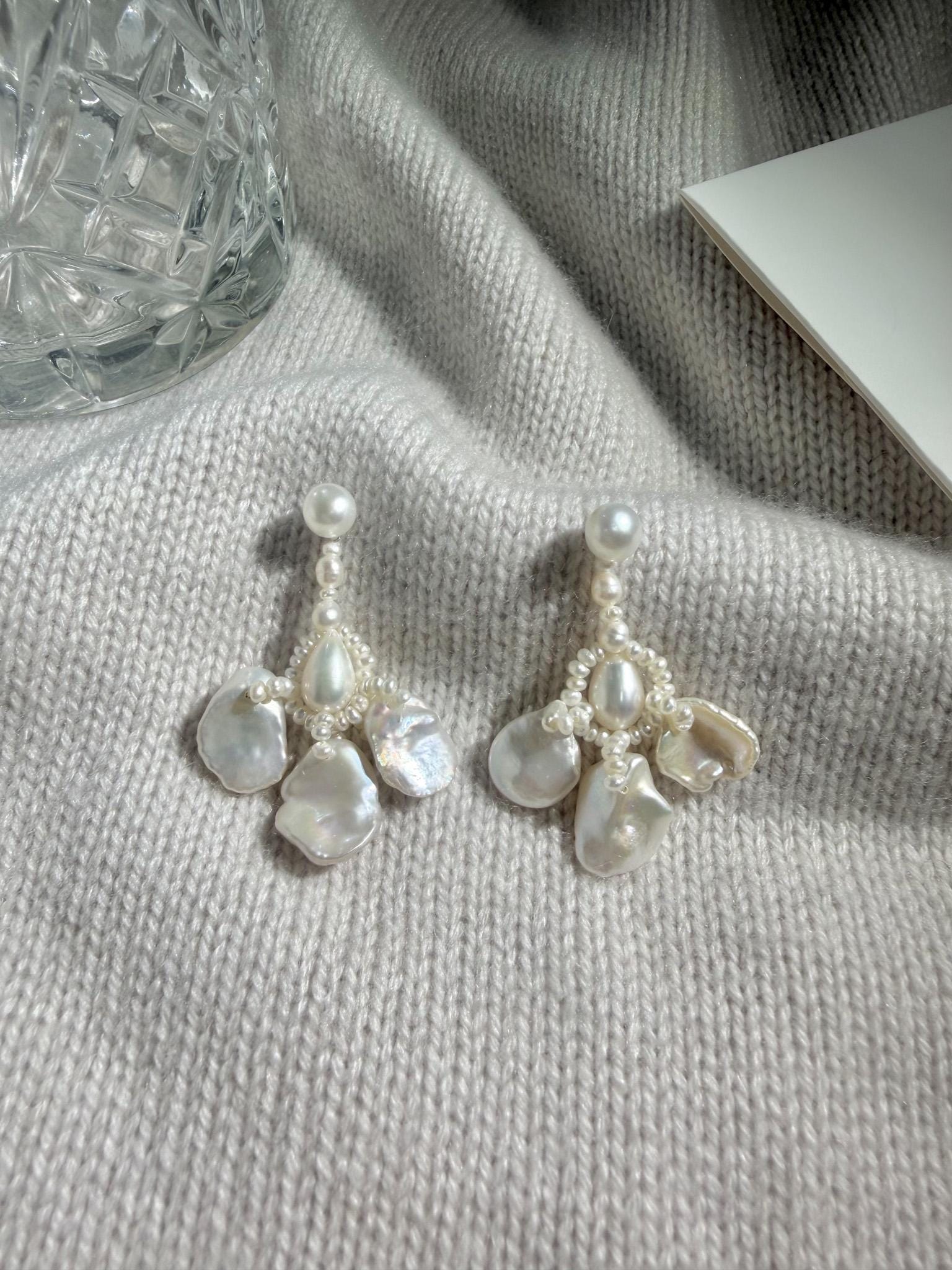 Baroque Keshi Pearl Cluster Earrings: Elegant Freshwater Pearl Statement