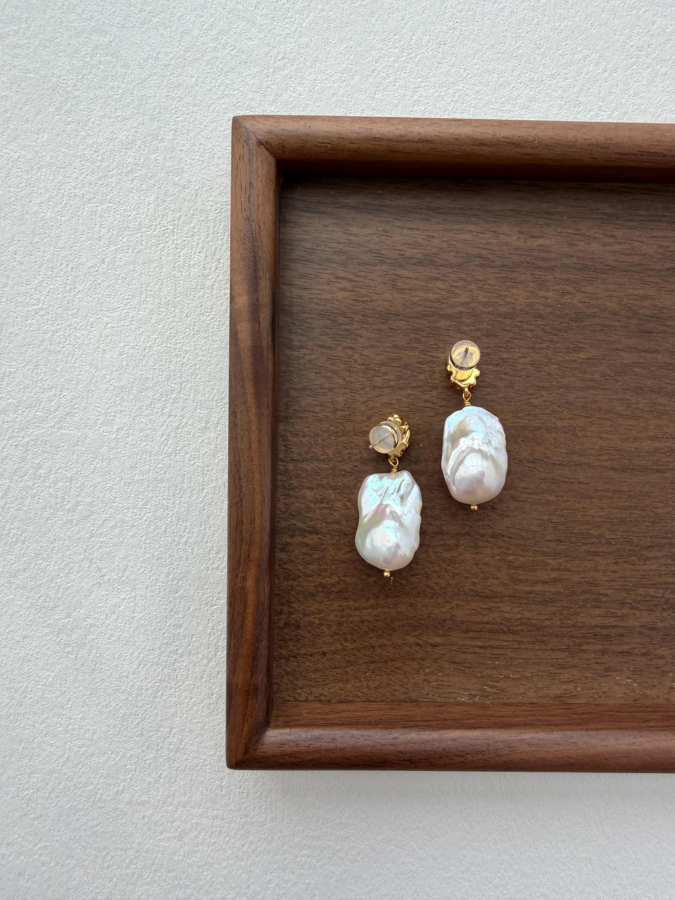 Large Baroque Pearl Drop Earrings, 18K Gold Plated Sculptural Accents, Vintage Style