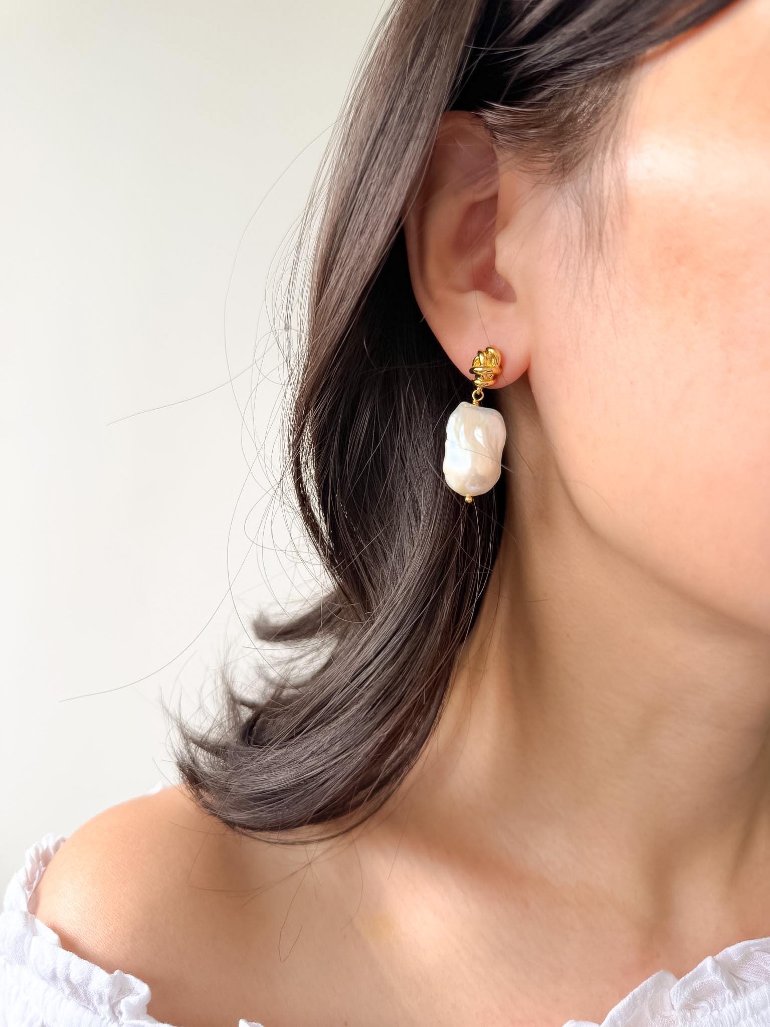 Large Baroque Pearl Drop Earrings, 18K Gold Plated Sculptural Accents, Vintage Style