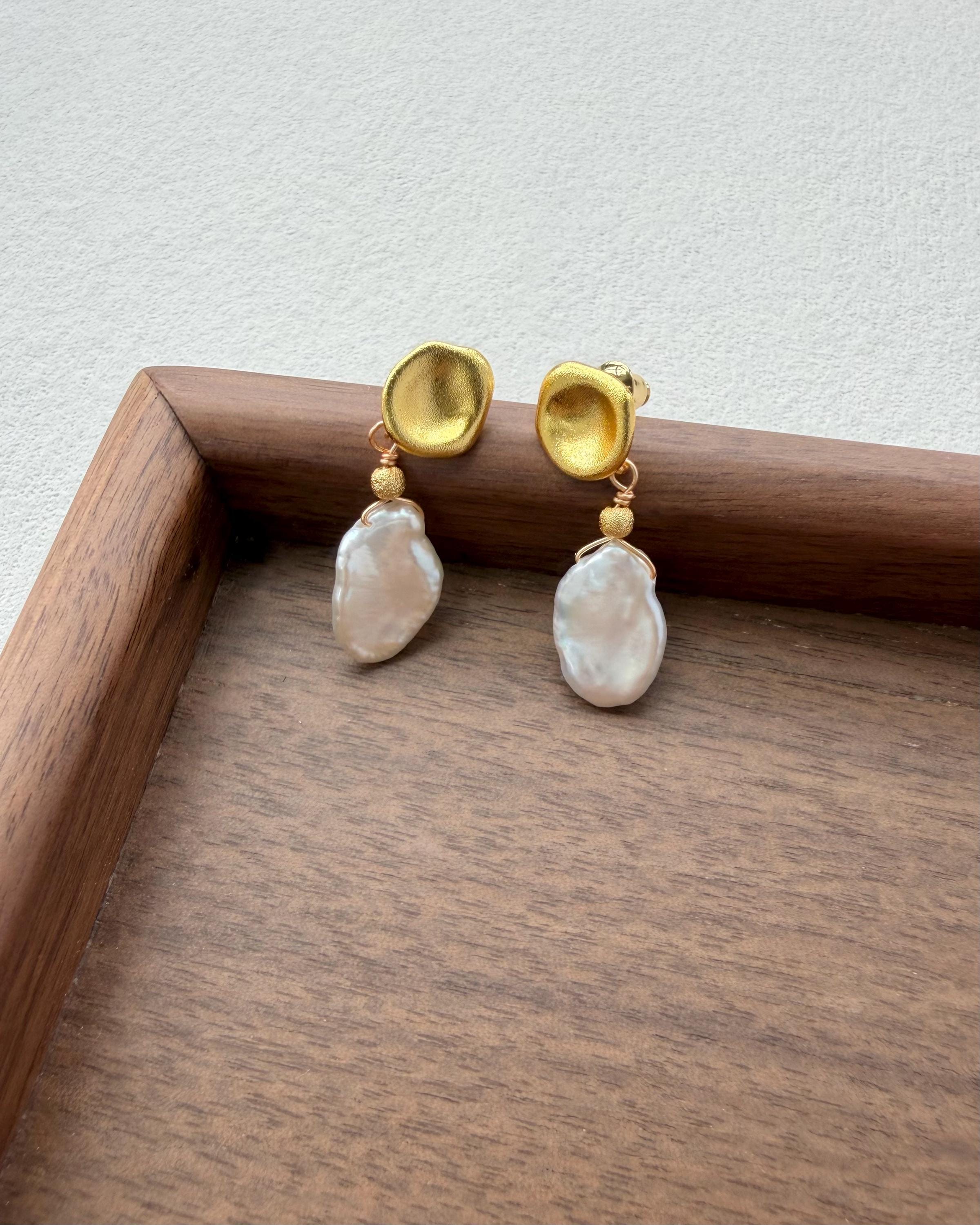 Baroque Keshi Pearl Drop Earrings, Modern Gold-Toned