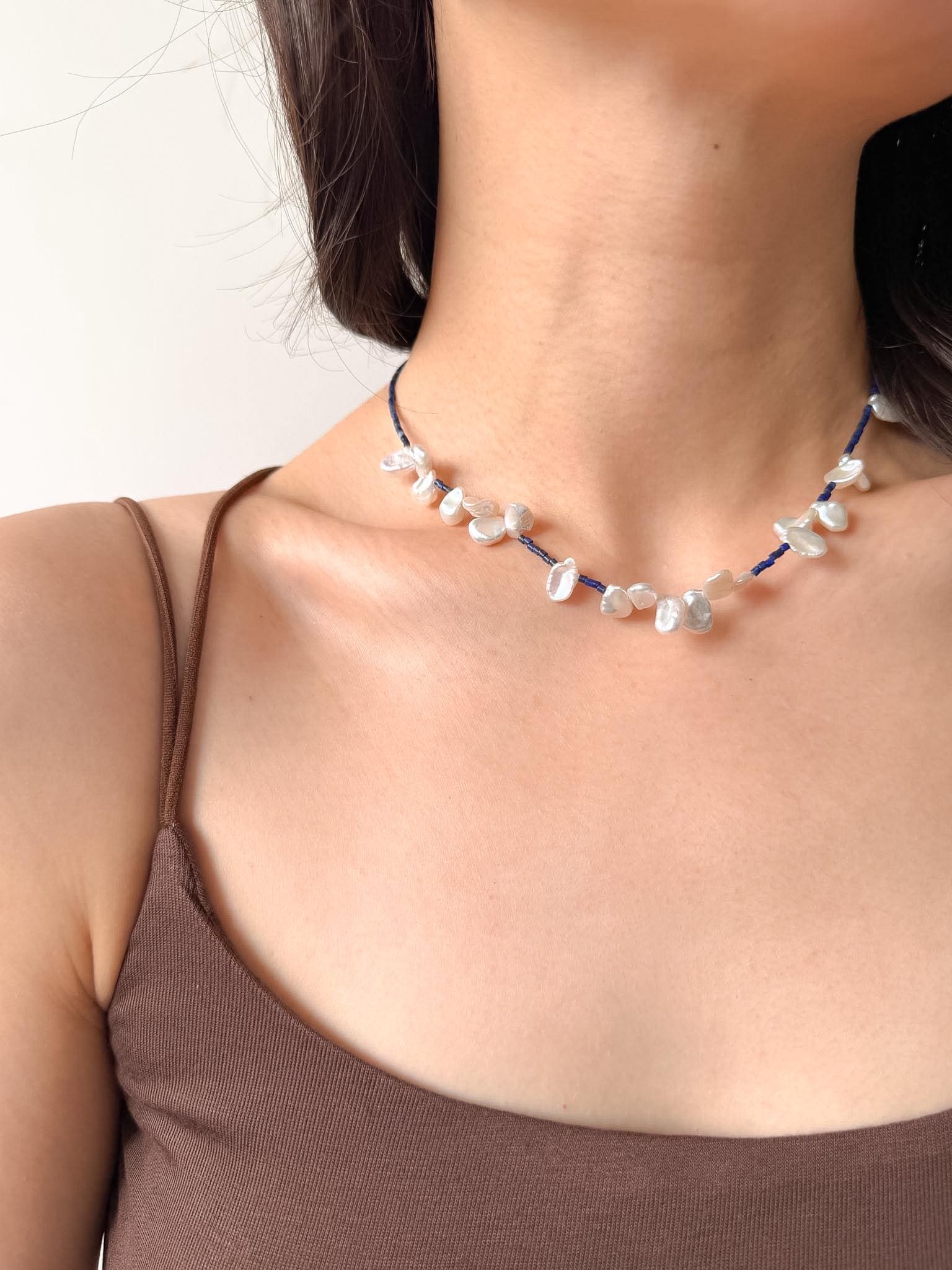 Lapis Lazuli Baroque Pearl Necklace French Vintage Elegant
