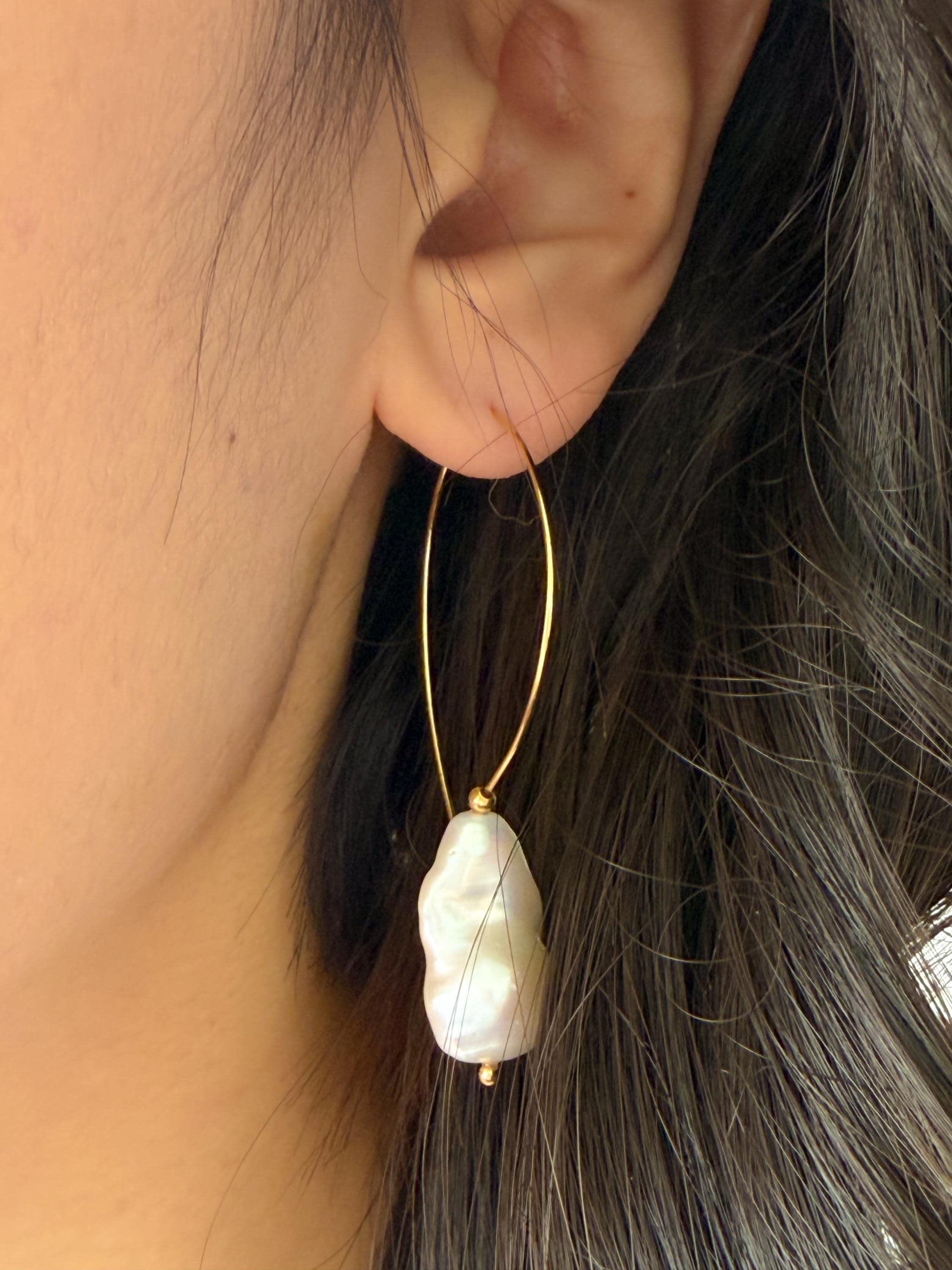 Elongated Baroque Pearl Hoop Earrings, 18K Gold Plated Statement