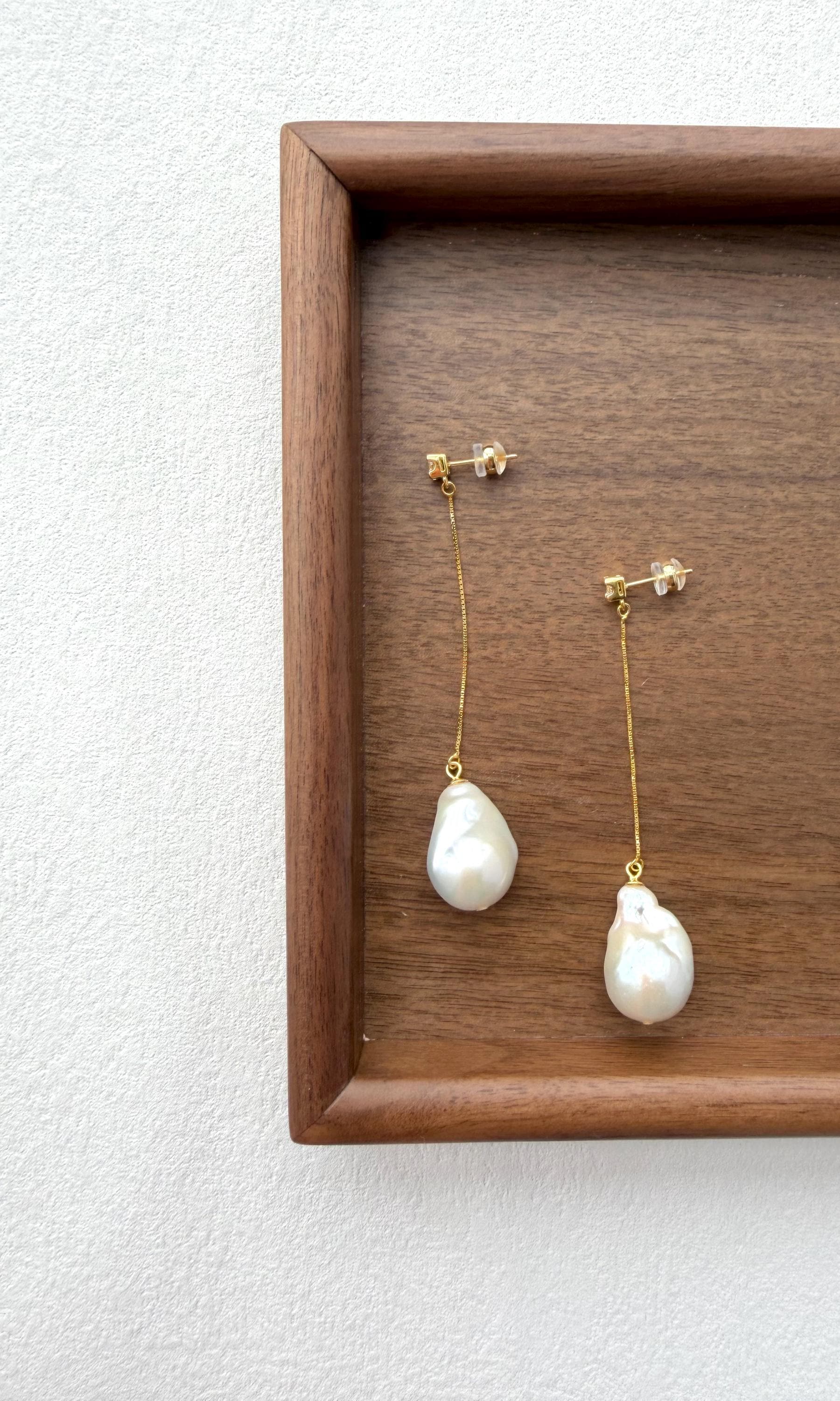Baroque Pearl Drop Beach Earrings, Gold Chain, Romantic Statement, Wedding Earrings