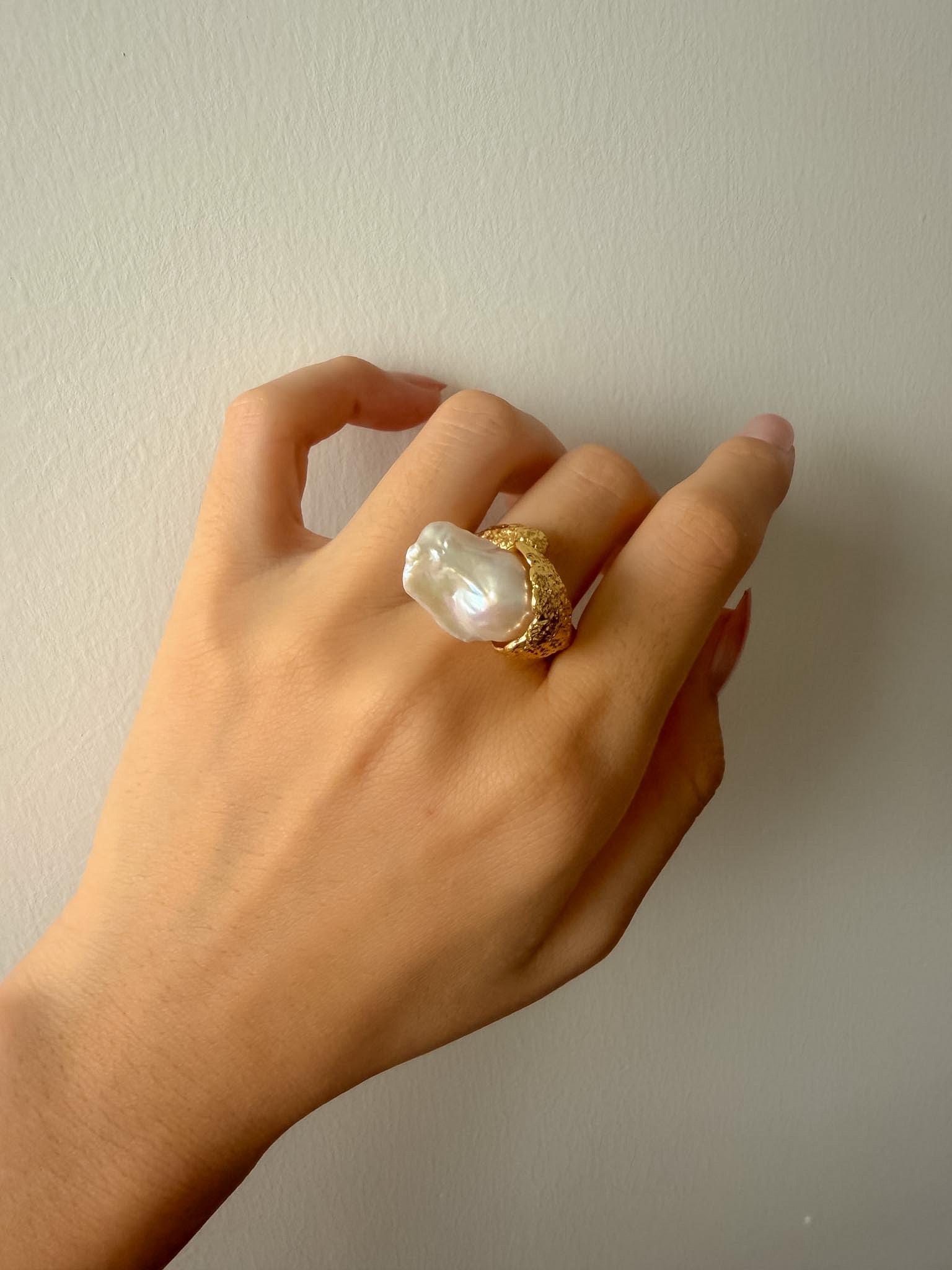 Sculptural Baroque Pearl Statement Ring, Textured 18k Gold Plated Band, Organic Freshwater Pearl