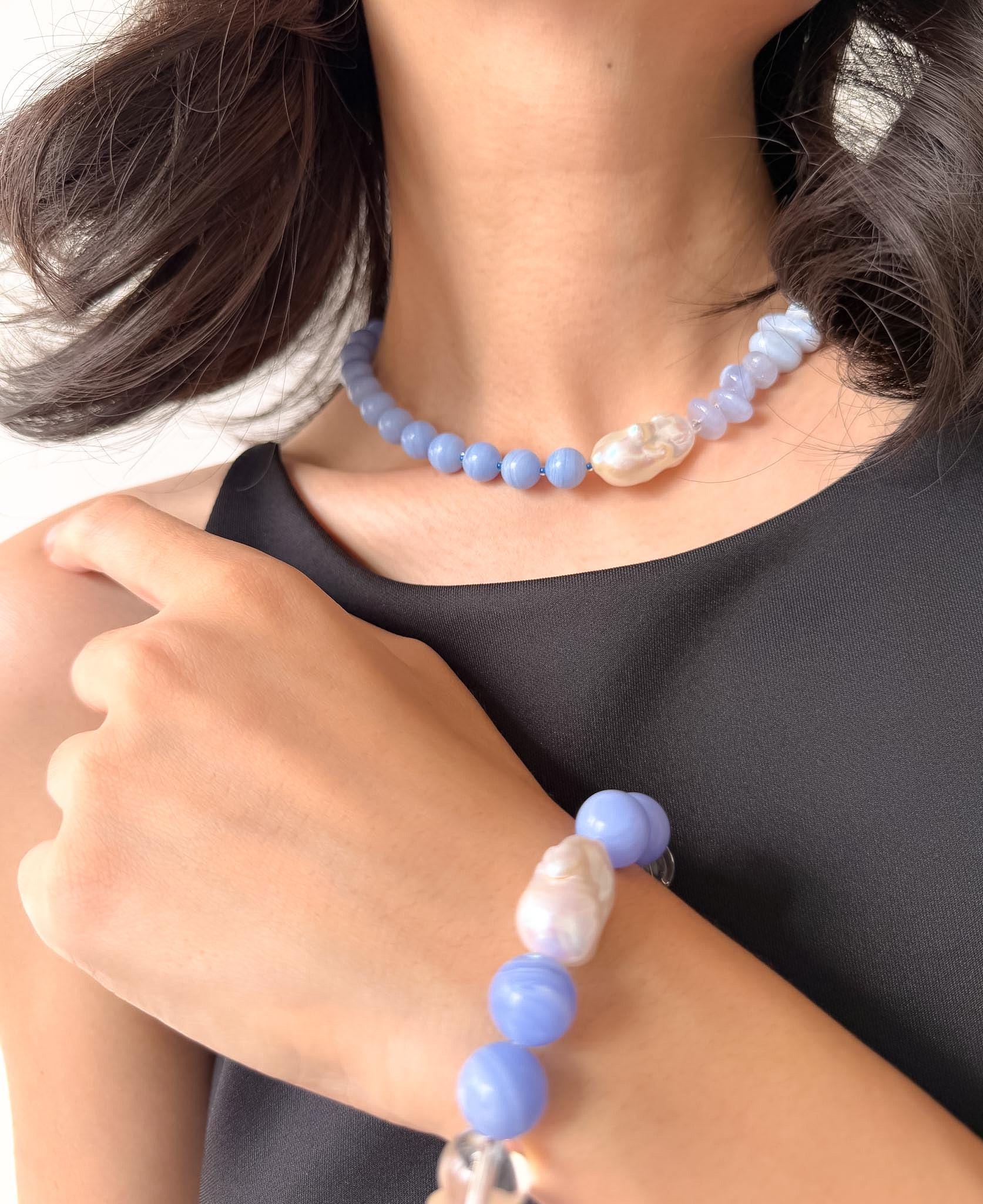 Ocean Inspired Blue Agate Necklace Baroque Pearl Quartz Summer Beach Elegant