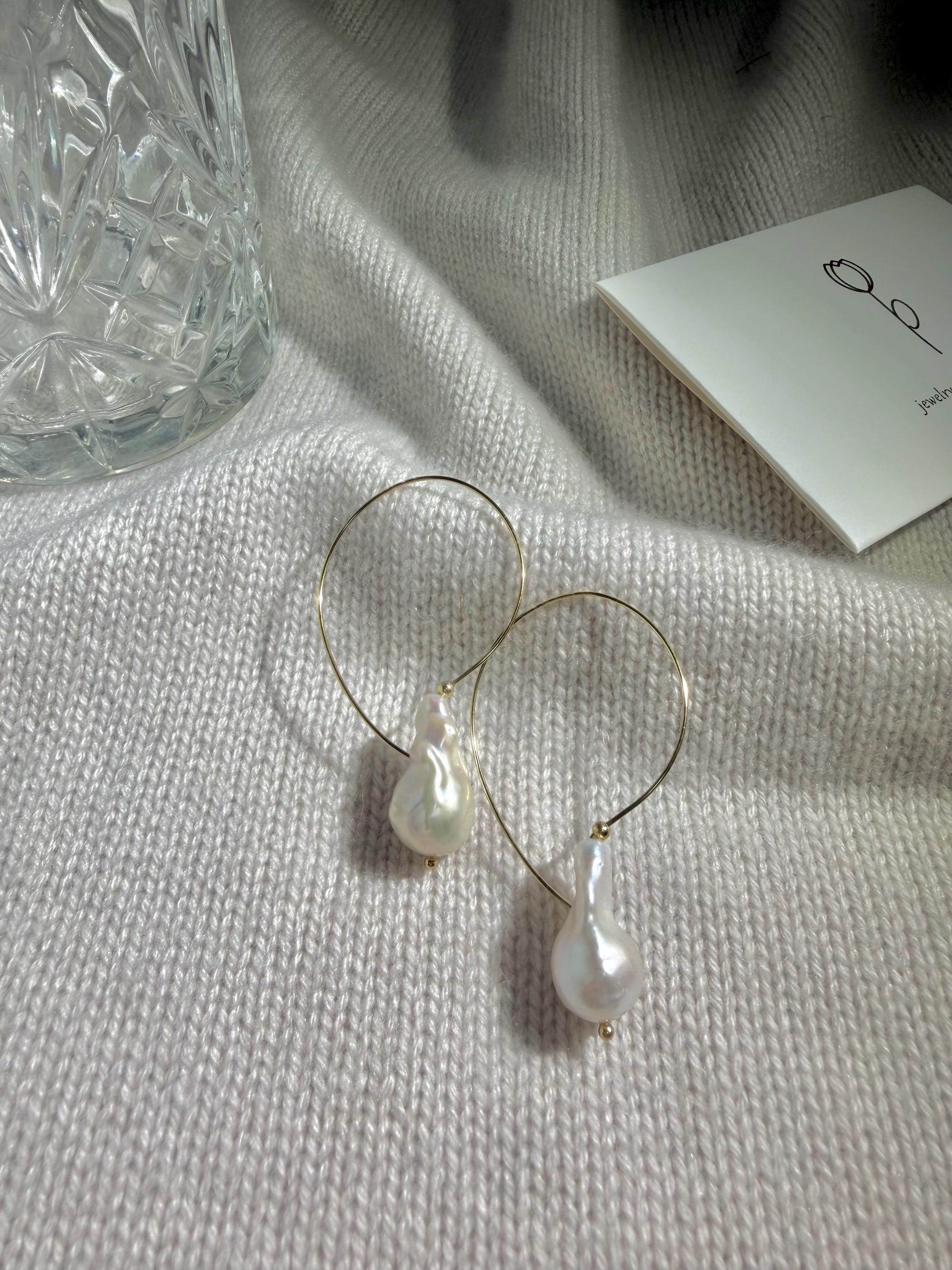 Elongated Baroque Pearl Hoop Earrings, 18K Gold Plated Statement
