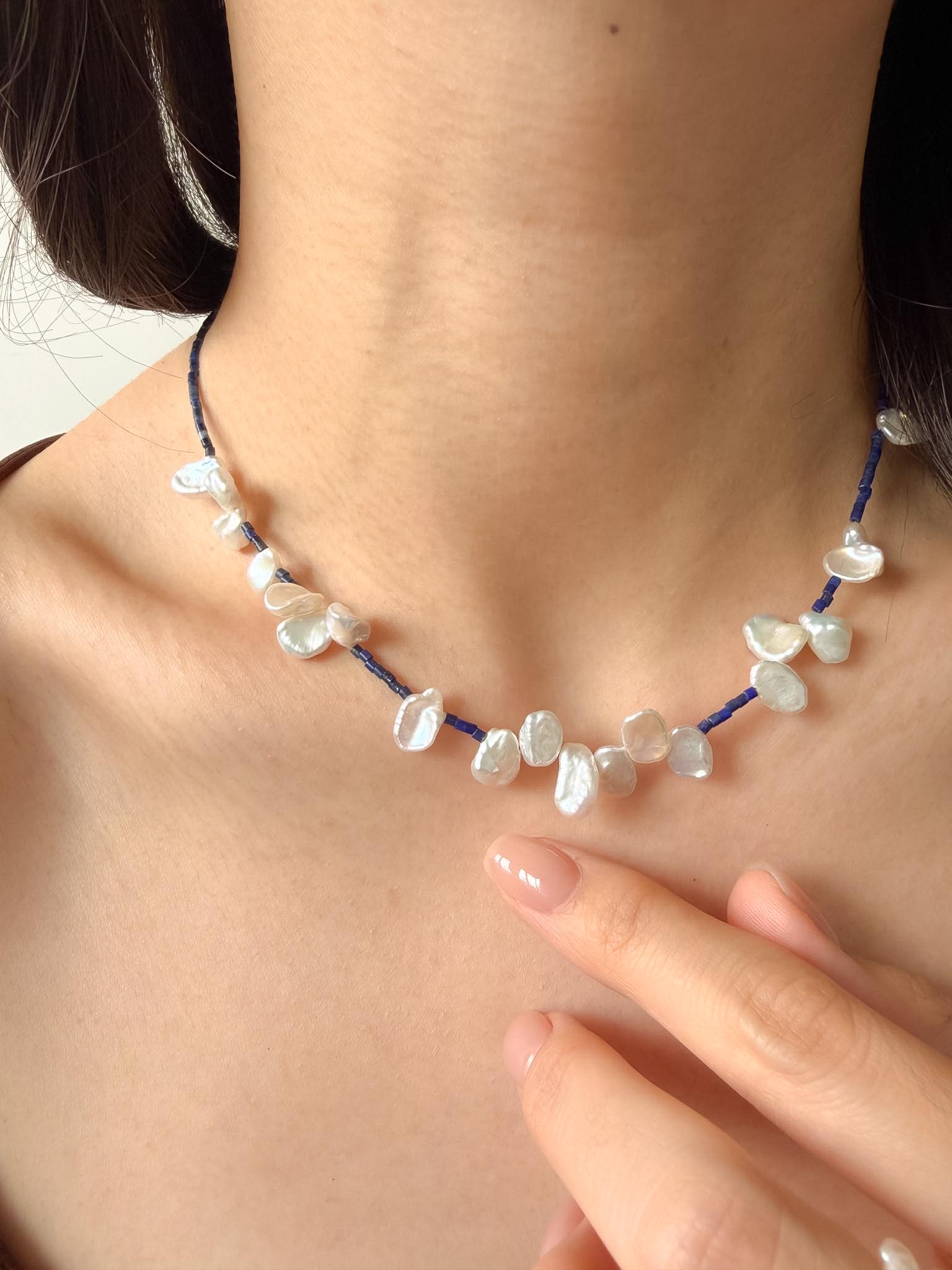 Lapis Lazuli Baroque Pearl Necklace French Vintage Elegant