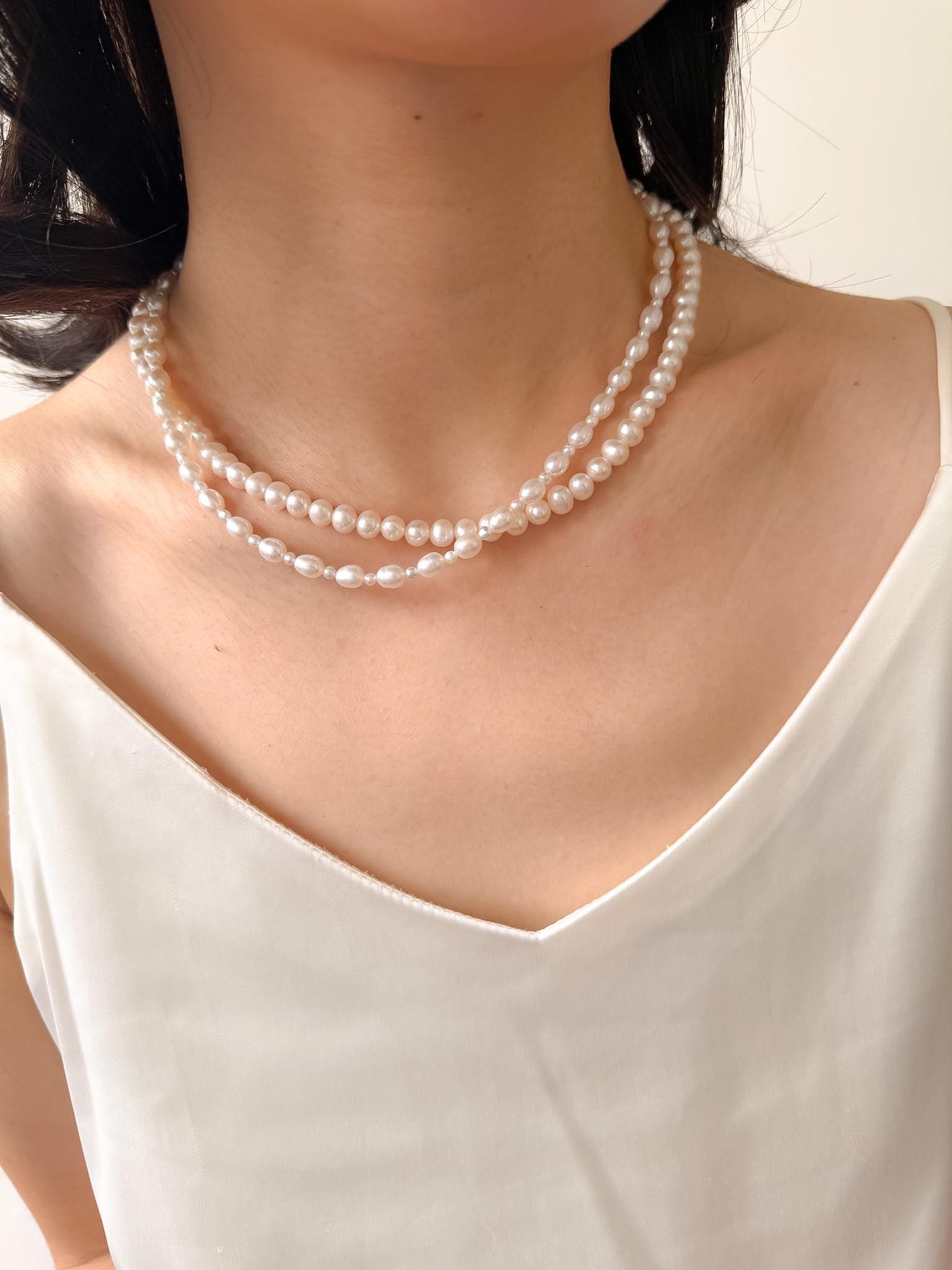 Layered Freshwater Pearl Necklace: Double Strand Minimalist Elegant Jewelry