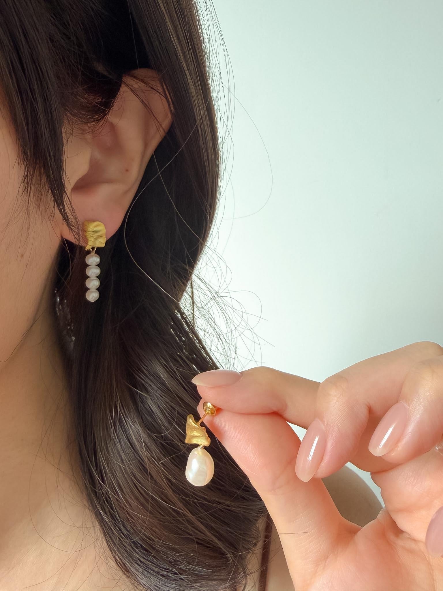 Asymmetrical Baroque Pearl Drop Earrings, Gold Mismatched Statement