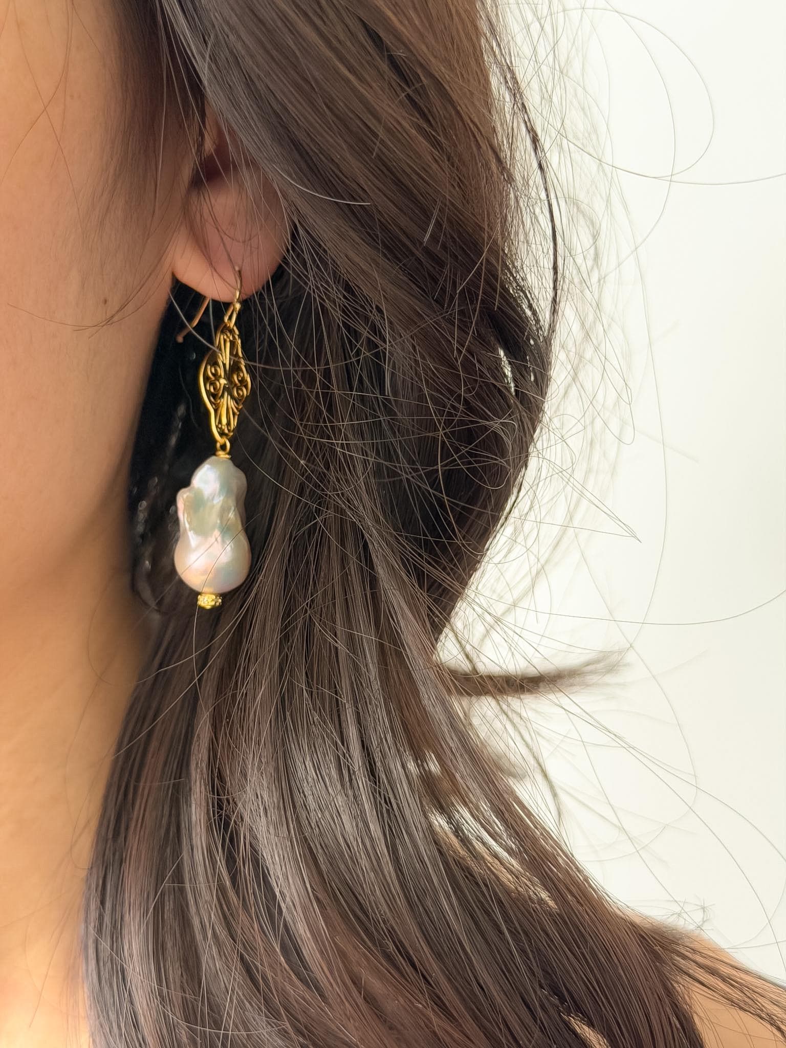 Baroque Pearl Drop Earrings 18K Gold Plated Vintage Filigree Organic Character