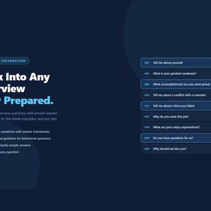 Op de afbeelding: Een donkerblauwe afbeelding met witte tekst die luidt: "Walk Into Any Interview Fully Prepared." De afbeelding bevat 20 sollicitatievragen met antwoordkaders en STAR-methodegids. De prijs is €5,99.