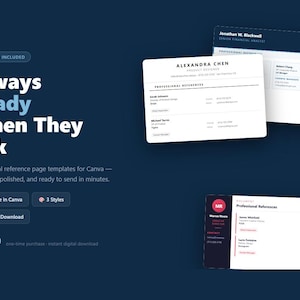 May include: A dark blue graphic with the text "Always Ready When They Ask" and "Professional reference page templates for Canva". The image includes three reference page templates with names and titles. The price is $6.99.