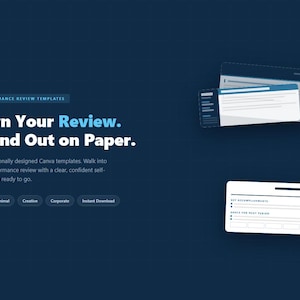 Puede incluir: Gráfico azul oscuro con el texto "Own Your Review. Stand Out on Paper." y "3 plantillas de Canva diseñadas profesionalmente." La imagen también incluye plantillas de documentos blancos y azules y botones con texto como "Modern Minimal" e "Instant Download".