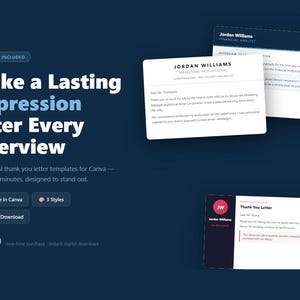 Può includere: Grafica blu scuro con il testo "Make a Lasting Impression After Every Interview". L'immagine mostra modelli di lettere di ringraziamento professionali per Canva, con tre stili inclusi. I modelli sono progettati per distinguersi.