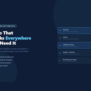 Puede incluir: Gráfico azul oscuro con el texto "A Bio That Works Everywhere You Need It." Incluye plantillas para biografías cortas y completas, resúmenes de LinkedIn, biografías de oradores y consejos de escritura.