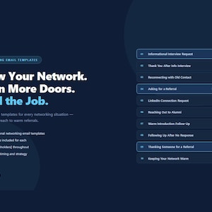 Könnte beinhalten: Dunkelblaue Grafik mit weißem Text, die E-Mail-Vorlagen für das Networking bewirbt. Der Text lautet: „Bauen Sie Ihr Netzwerk auf. Öffnen Sie mehr Türen. Finden Sie den Job.“ Es listet 10 Vorlagen für verschiedene Networking-Situationen auf.