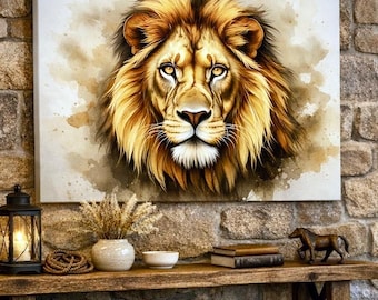 Ritratto di leone maestoso ad acquerello • Arte murale della fauna selvatica • Stampa safari neutra