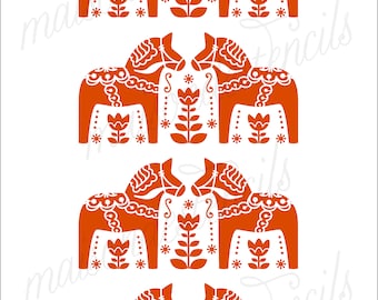 Euro Stencil Design ... Dala horses and folk flowers repeat  12x18 " inch Stencil  10 mil mylar Sweden Crafts Swedish Folk art Folkart