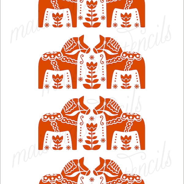 Euro Stencil Design ... Dala horses and folk flowers repeat  12x18 " inch Stencil  10 mil mylar Sweden Crafts Swedish Folk art Folkart