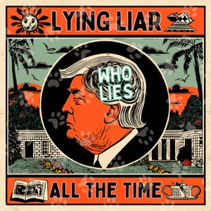 May include: A vintage-style poster with an orange and black border. The poster features a profile of a man's face in a black circle, with the words "WHO LIES" in the head. The text "LYING LIAR ALL THE TIME" is at the top and bottom.