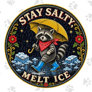 May include: A circular graphic illustration featuring a raccoon wearing a red bandana and blue rain boots, holding a yellow umbrella in the rain. The raccoon walks among ice chunks. The text STAY SALTY, MELT ICE is printed in a bold font.