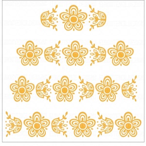 May include: A repeating pattern of stylized yellow flowers and leaf-like elements on a white background. The floral design includes five-petal flowers and decorative accents, suitable for crafts or design projects.