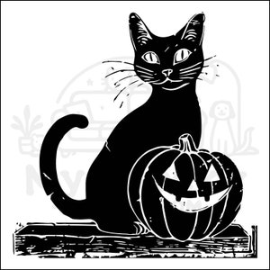May include: A black cat silhouette sits next to a carved jack-o'-lantern. The cat has a long tail and pointed ears. The pumpkin has a smiling face. The image is a Halloween-themed illustration.