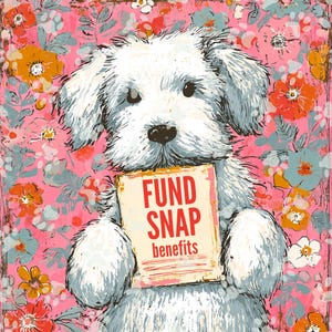 May include: A whimsical illustration of a white dog holding a sign that reads "FUND SNAP benefits" in red text. The dog is set against a pink floral background with orange, blue, and white flowers. The artwork has a vintage, slightly distressed look.