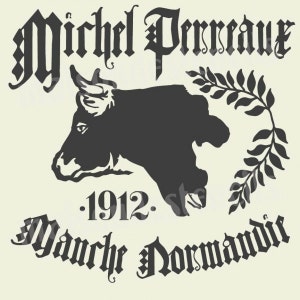 May include: Black and white illustration of a bull's head with the text "Michel Perreau - 1912 - Marche Normande" in a decorative font.