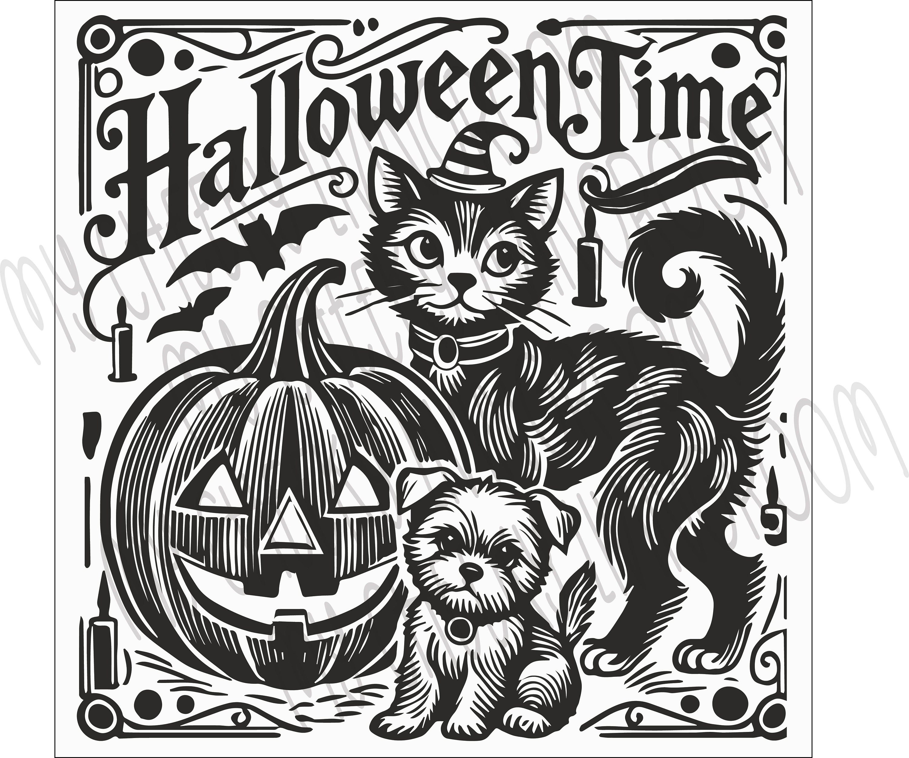 Vintage Halloween Card Stencil Jack O Lantern Pumpkin Black Cat Dog Bat ...
