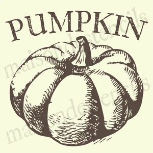 May include: A black and white line drawing of a pumpkin with the word "PUMPKIN" above it.